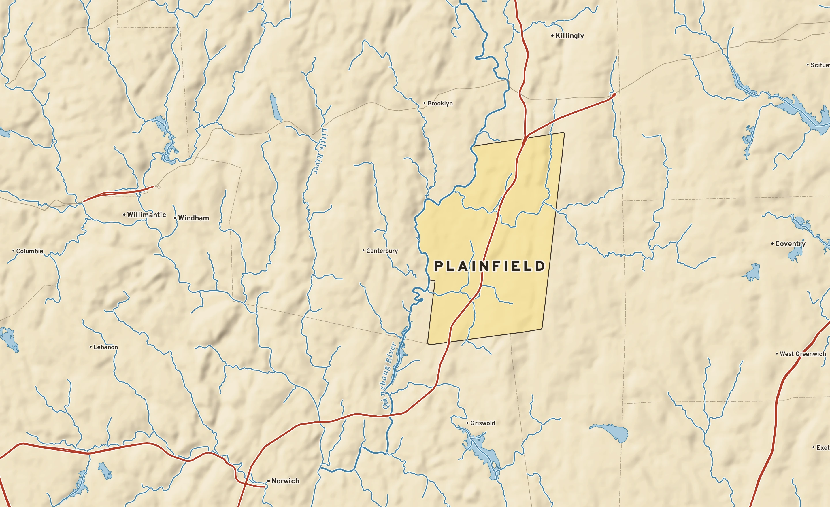 Shaded-relief atlas plate of Plainfield, Connecticut: rivers, roads, the city limits and where the water drains.