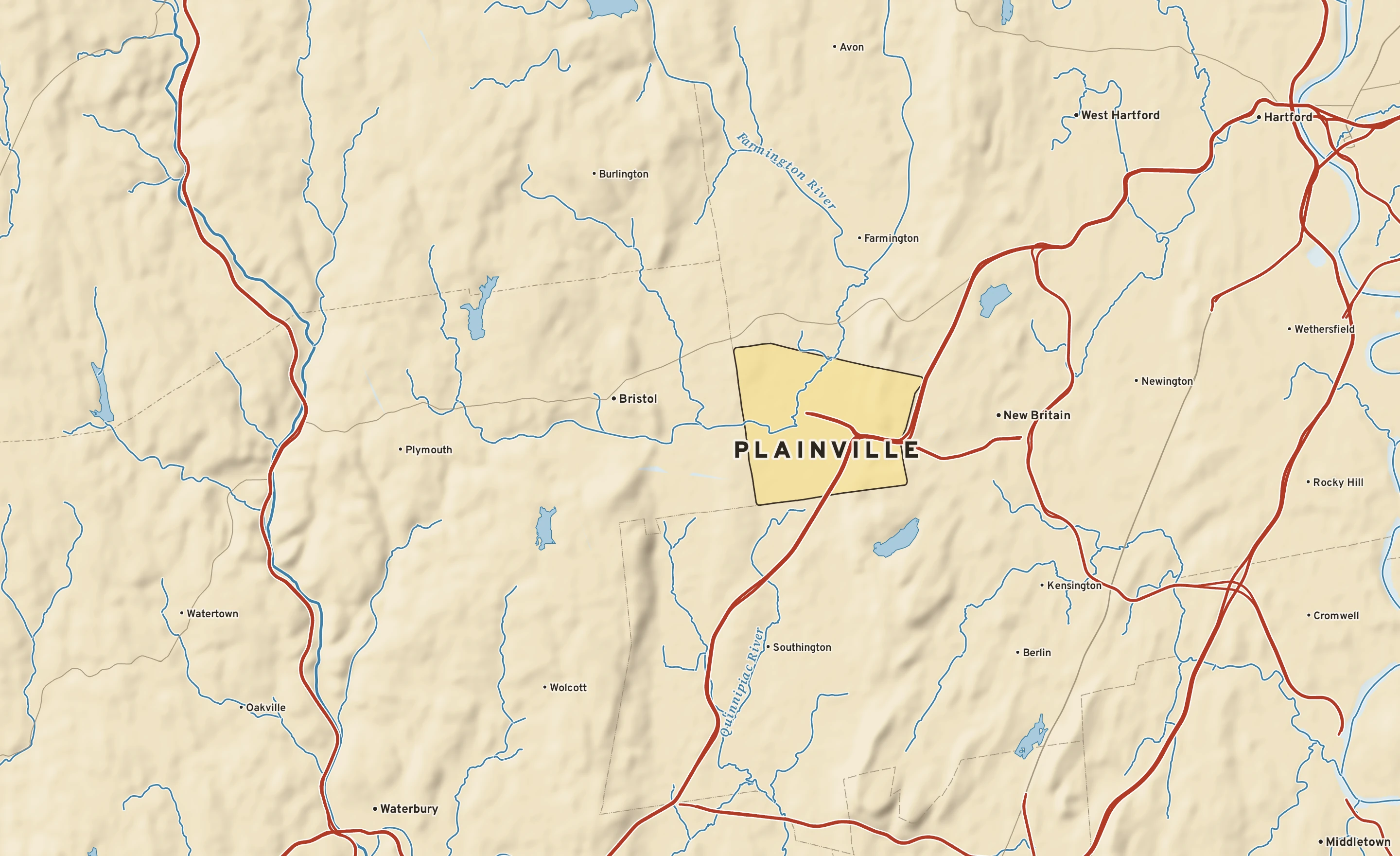 Shaded-relief atlas plate of Plainville, Connecticut: rivers, roads, the city limits and where the water drains.
