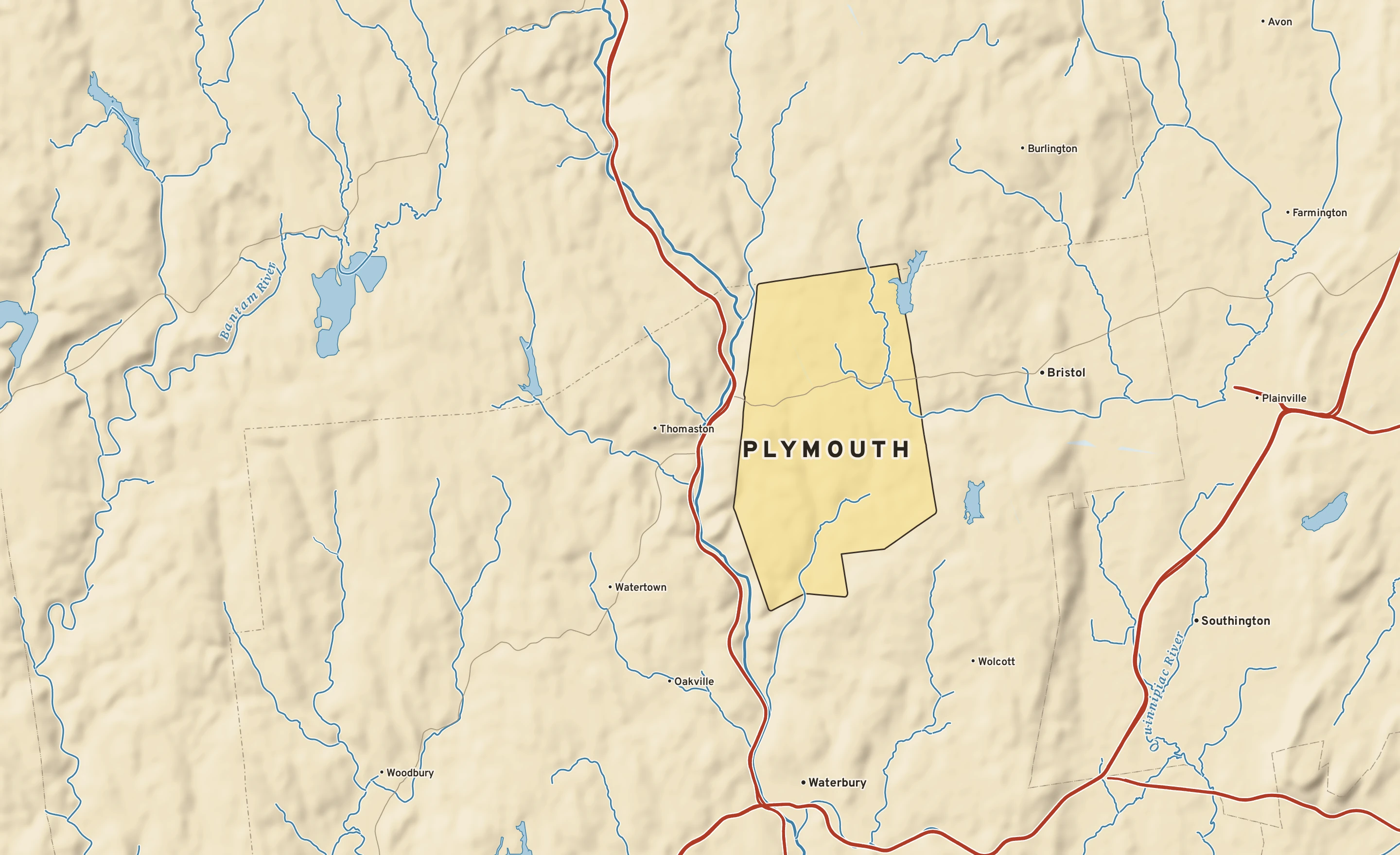 Shaded-relief atlas plate of Plymouth, Connecticut: rivers, roads, the city limits and where the water drains.