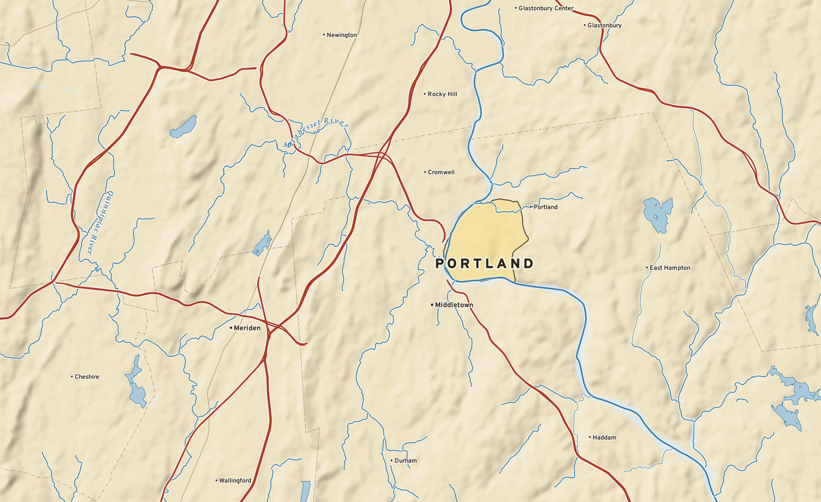 Shaded-relief atlas plate of Portland, Connecticut: rivers, roads, the city limits and where the water drains.