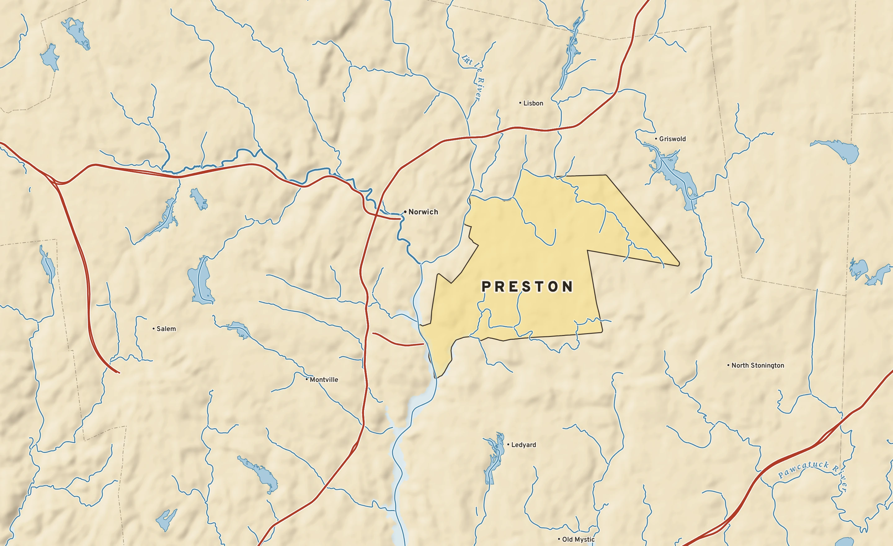 Shaded-relief atlas plate of Preston, Connecticut: rivers, roads, the city limits and where the water drains.