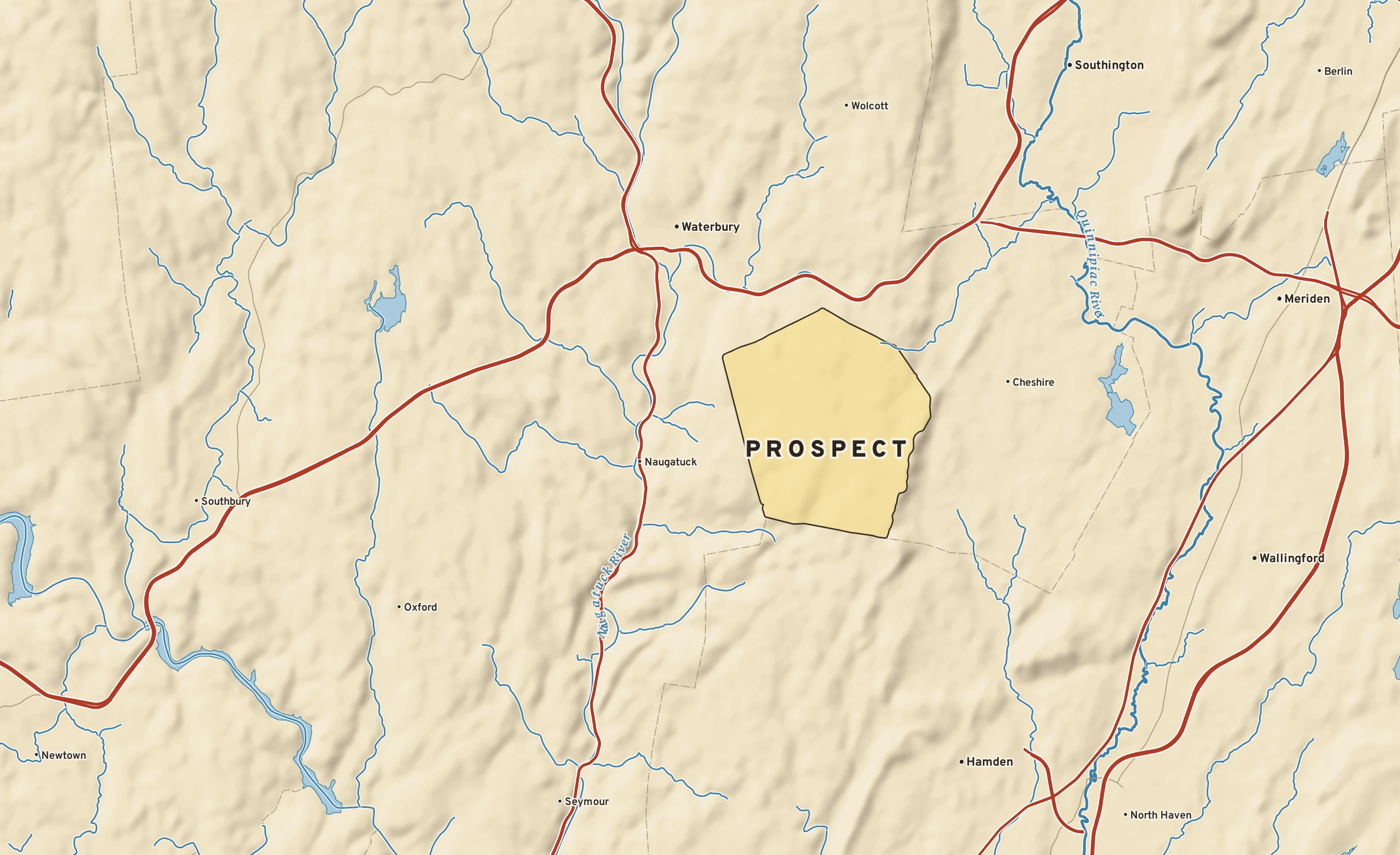 Shaded-relief atlas plate of Prospect, Connecticut: rivers, roads, the city limits and where the water drains.