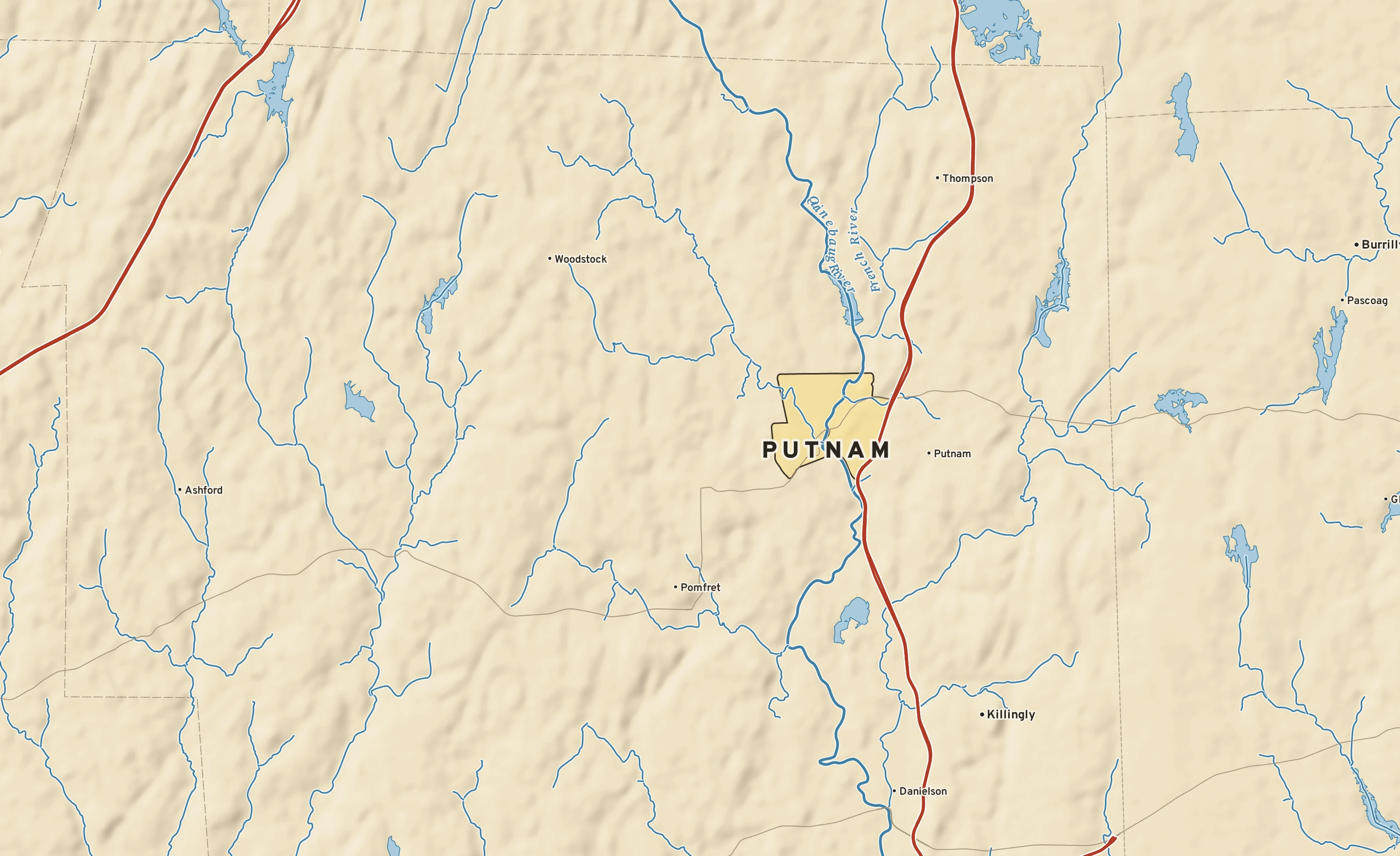 Shaded-relief atlas plate of Putnam, Connecticut: rivers, roads, the city limits and where the water drains.