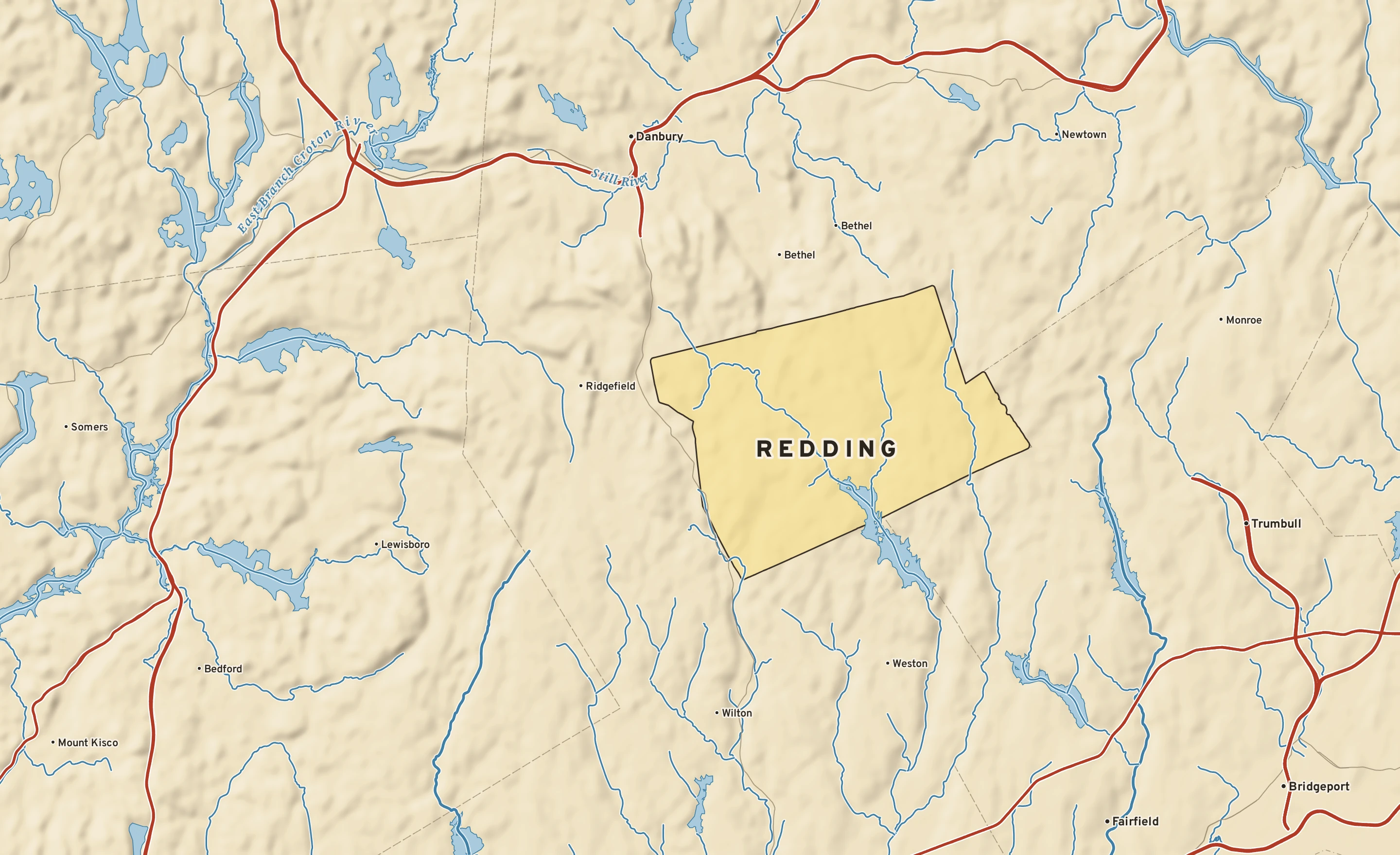 Shaded-relief atlas plate of Redding, Connecticut: rivers, roads, the city limits and where the water drains.