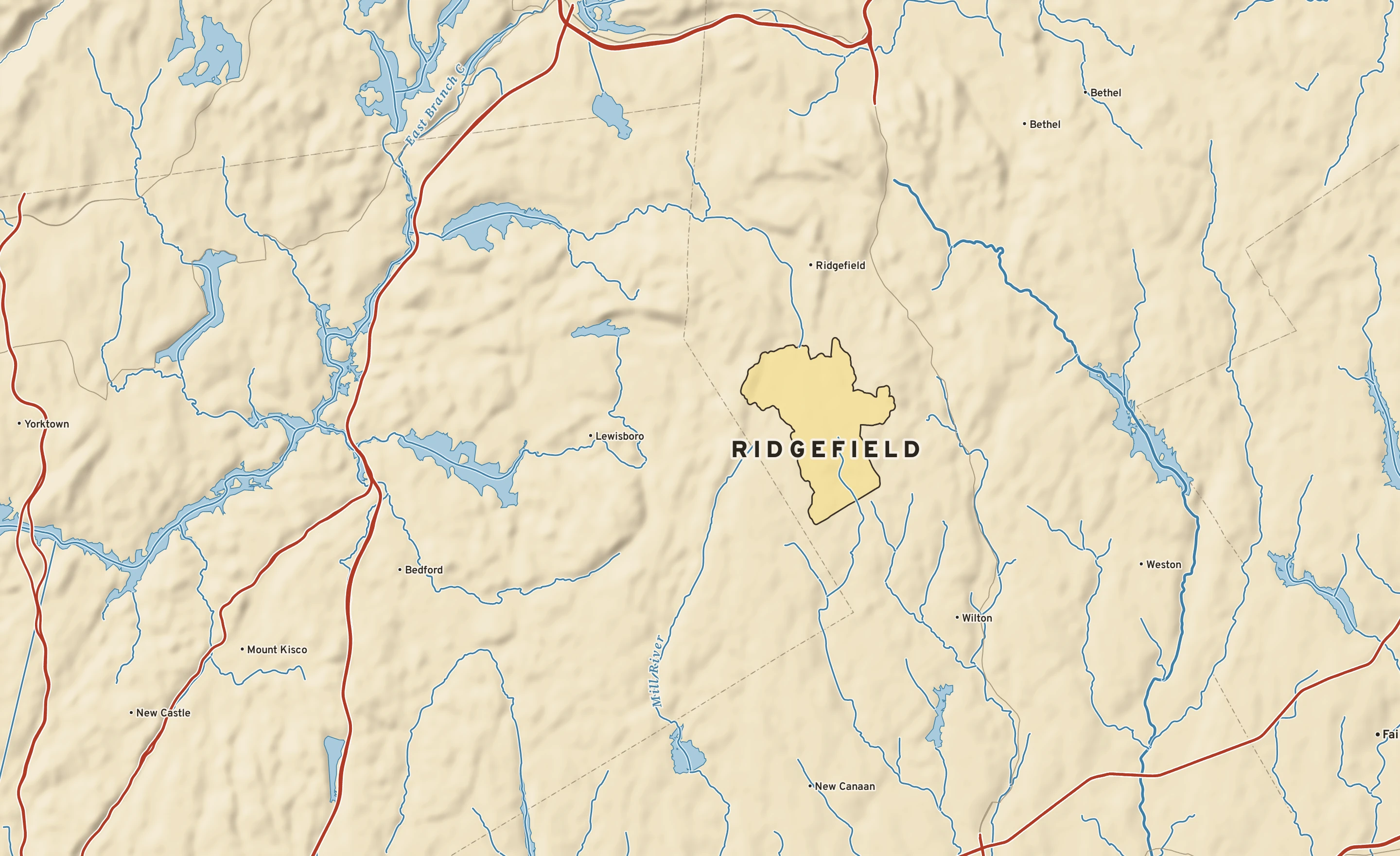 Shaded-relief atlas plate of Ridgefield, Connecticut: rivers, roads, the city limits and where the water drains.