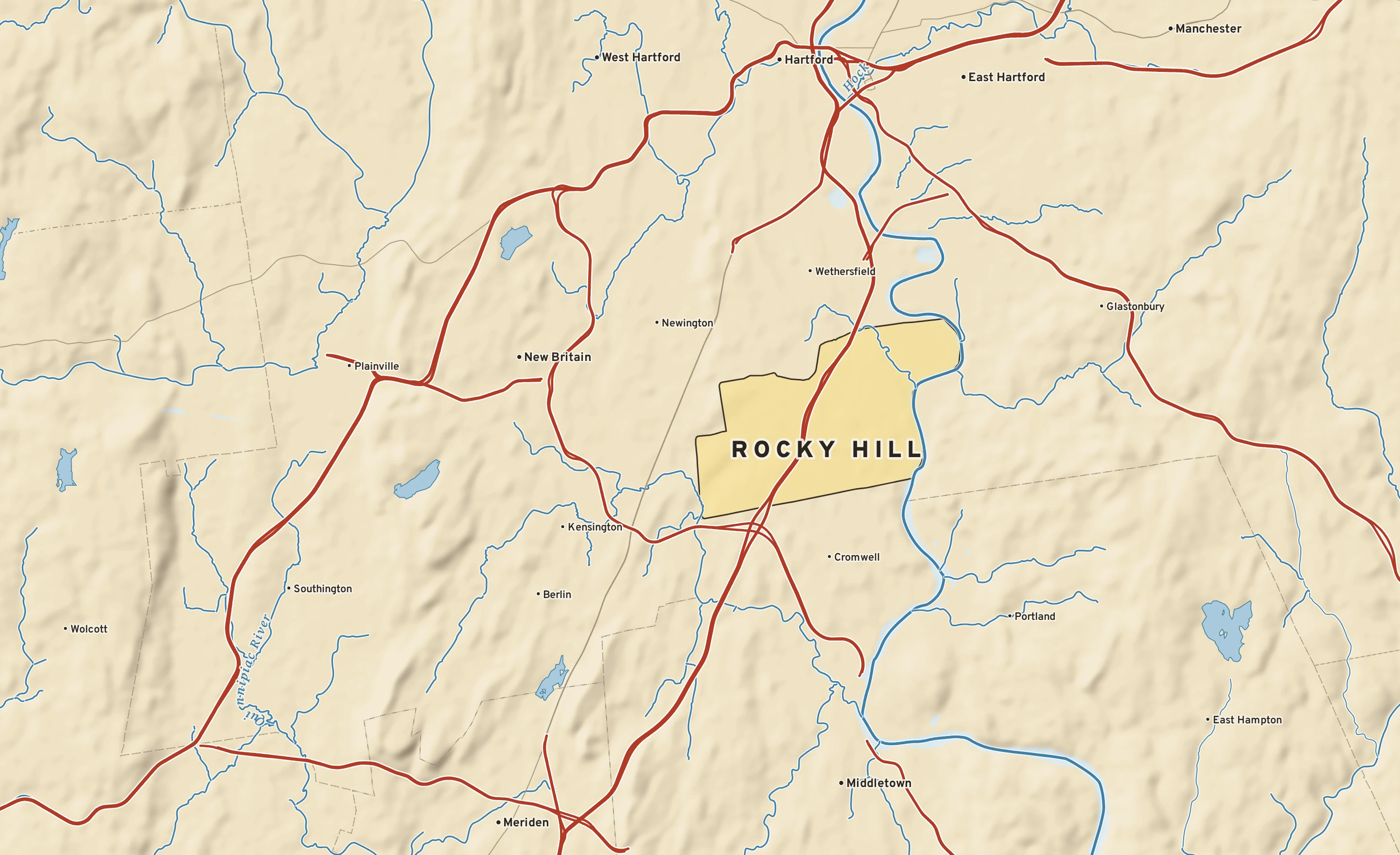 Shaded-relief atlas plate of Rocky Hill, Connecticut: rivers, roads, the city limits and where the water drains.