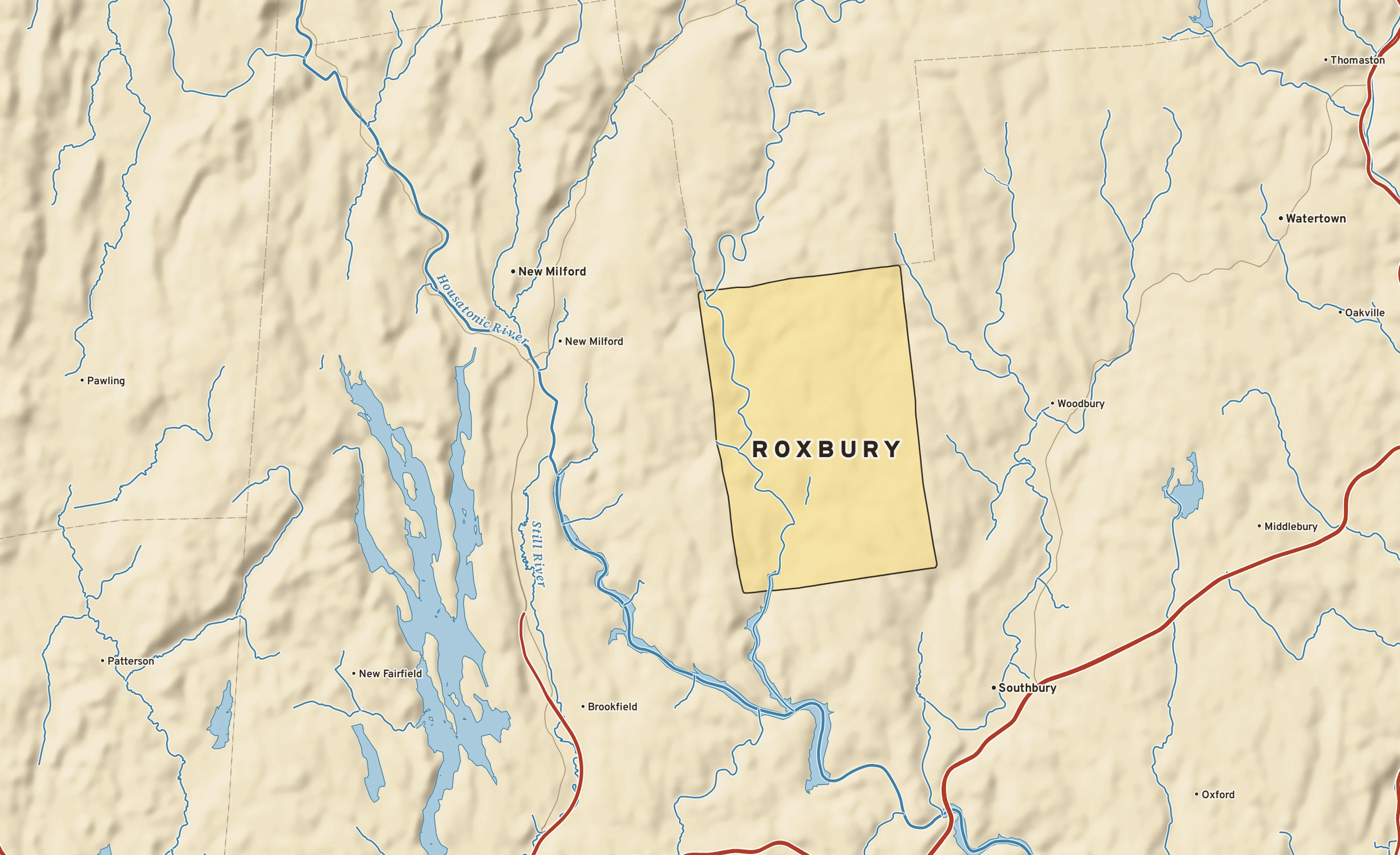Shaded-relief atlas plate of Roxbury, Connecticut: rivers, roads, the city limits and where the water drains.