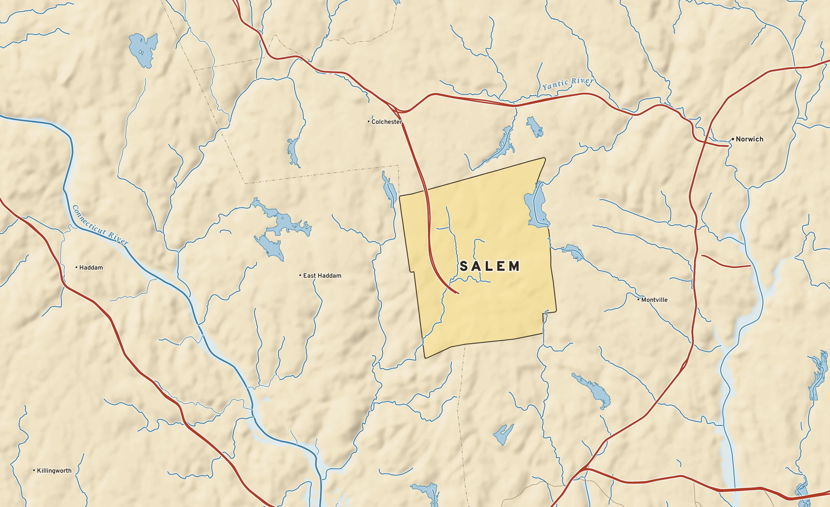 Shaded-relief atlas plate of Salem, Connecticut: rivers, roads, the city limits and where the water drains.