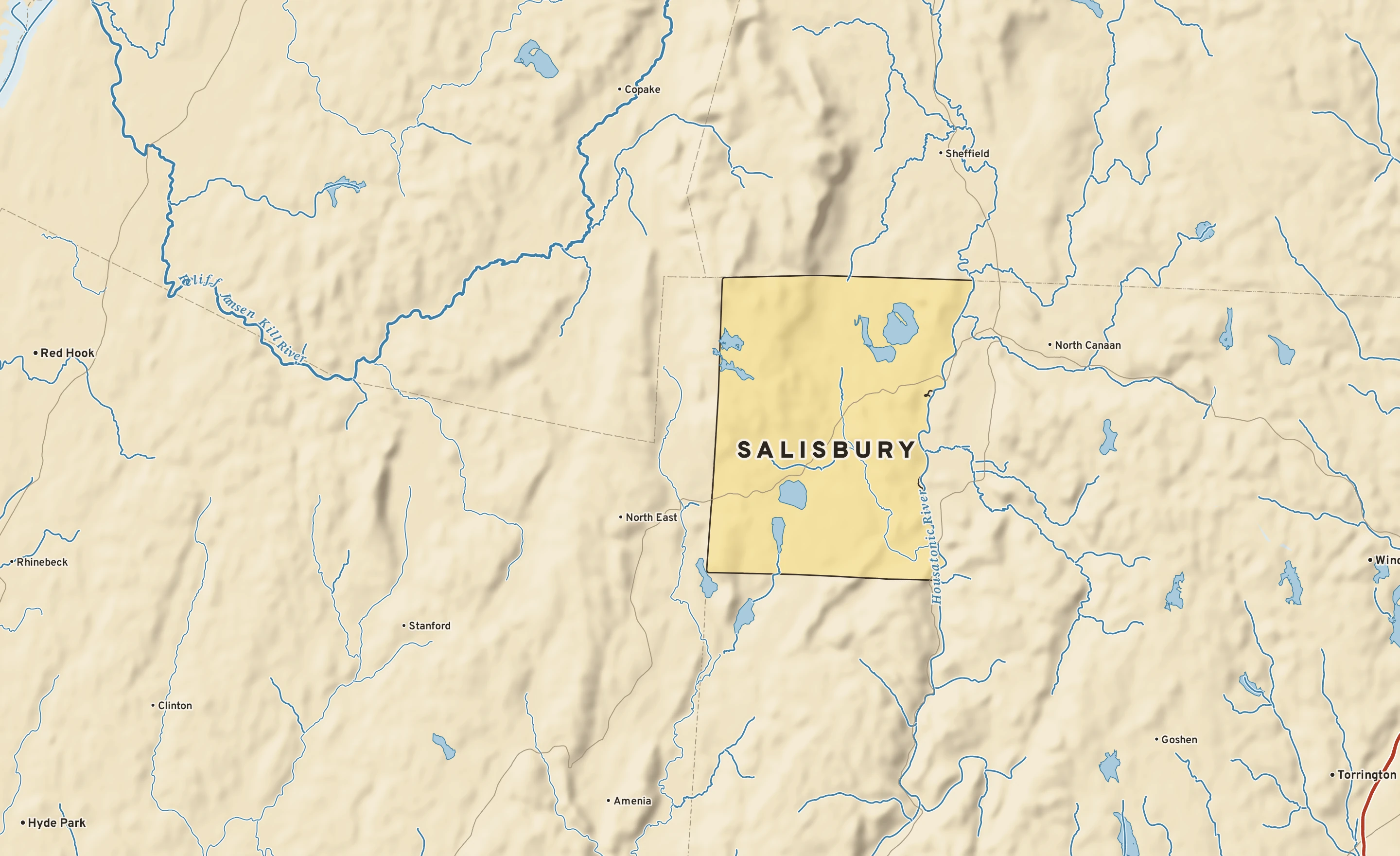 Shaded-relief atlas plate of Salisbury, Connecticut: rivers, roads, the city limits and where the water drains.