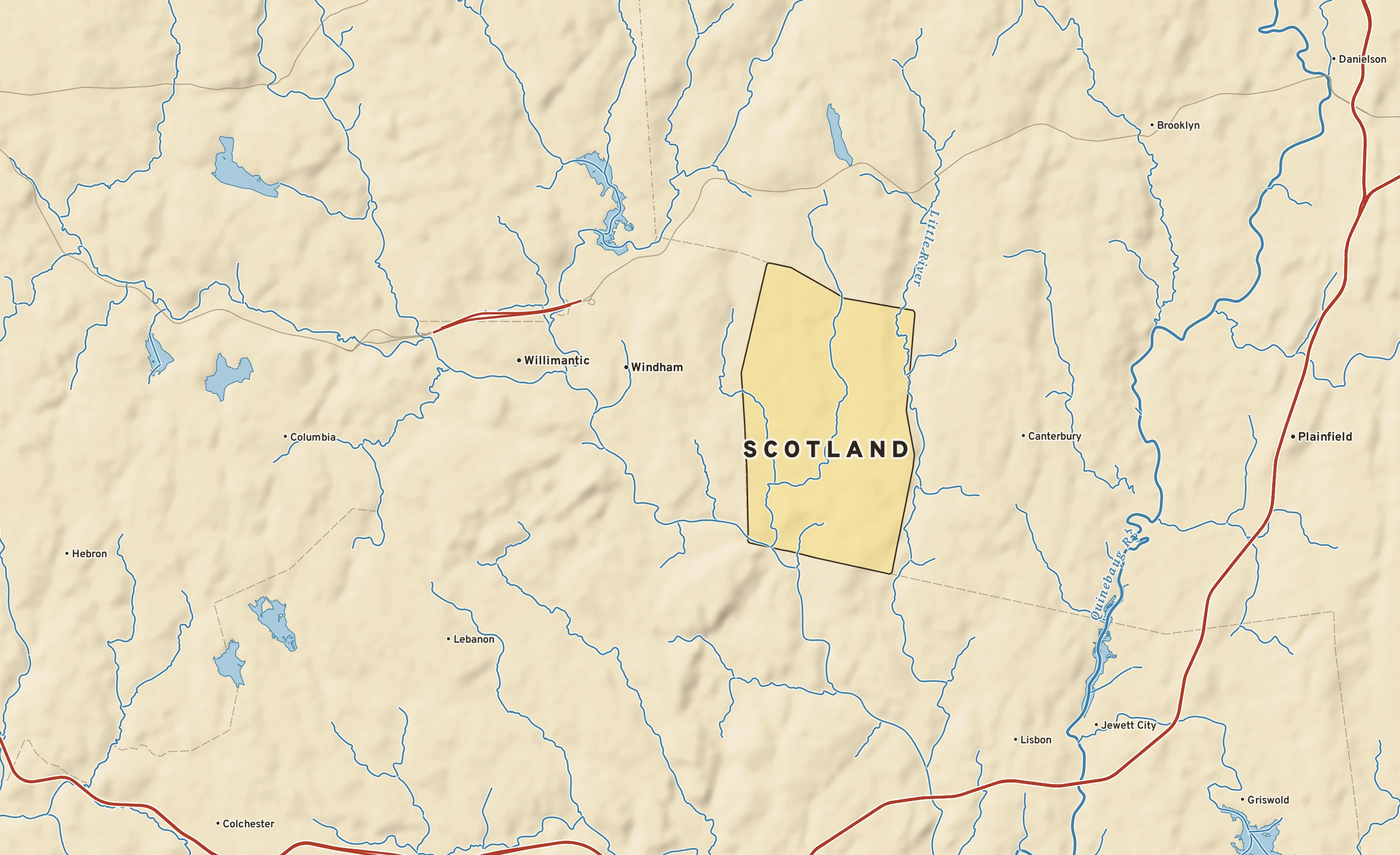 Shaded-relief atlas plate of Scotland, Connecticut: rivers, roads, the city limits and where the water drains.