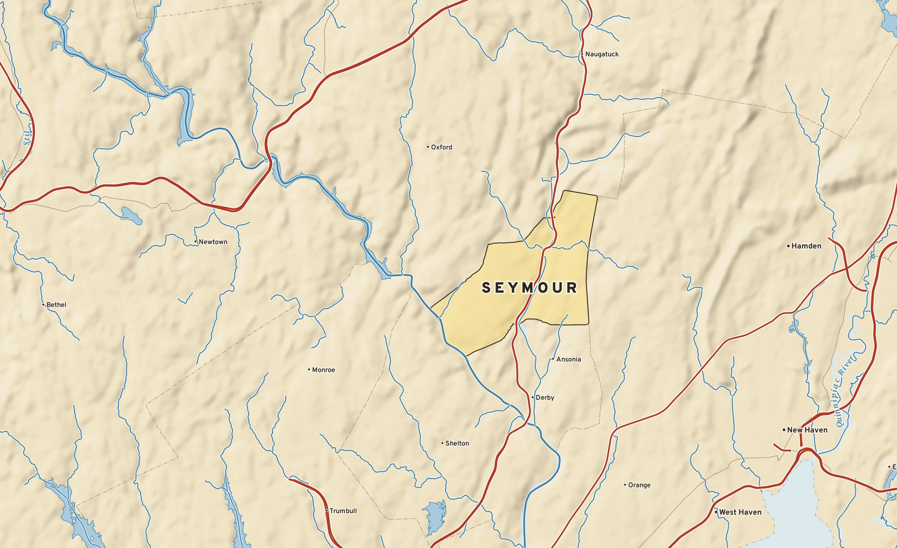 Shaded-relief atlas plate of Seymour, Connecticut: rivers, roads, the city limits and where the water drains.