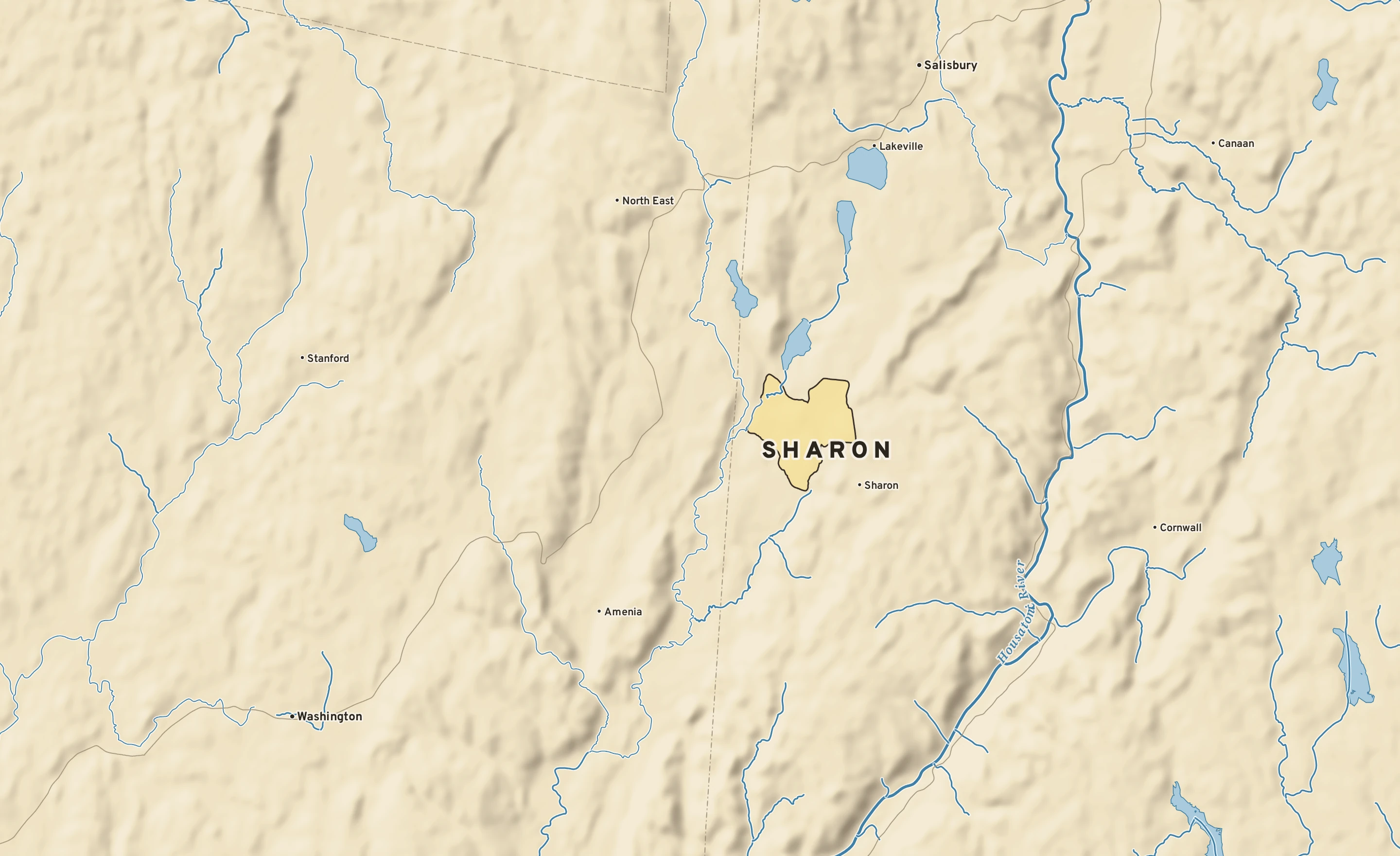 Shaded-relief atlas plate of Sharon, Connecticut: rivers, roads, the city limits and where the water drains.