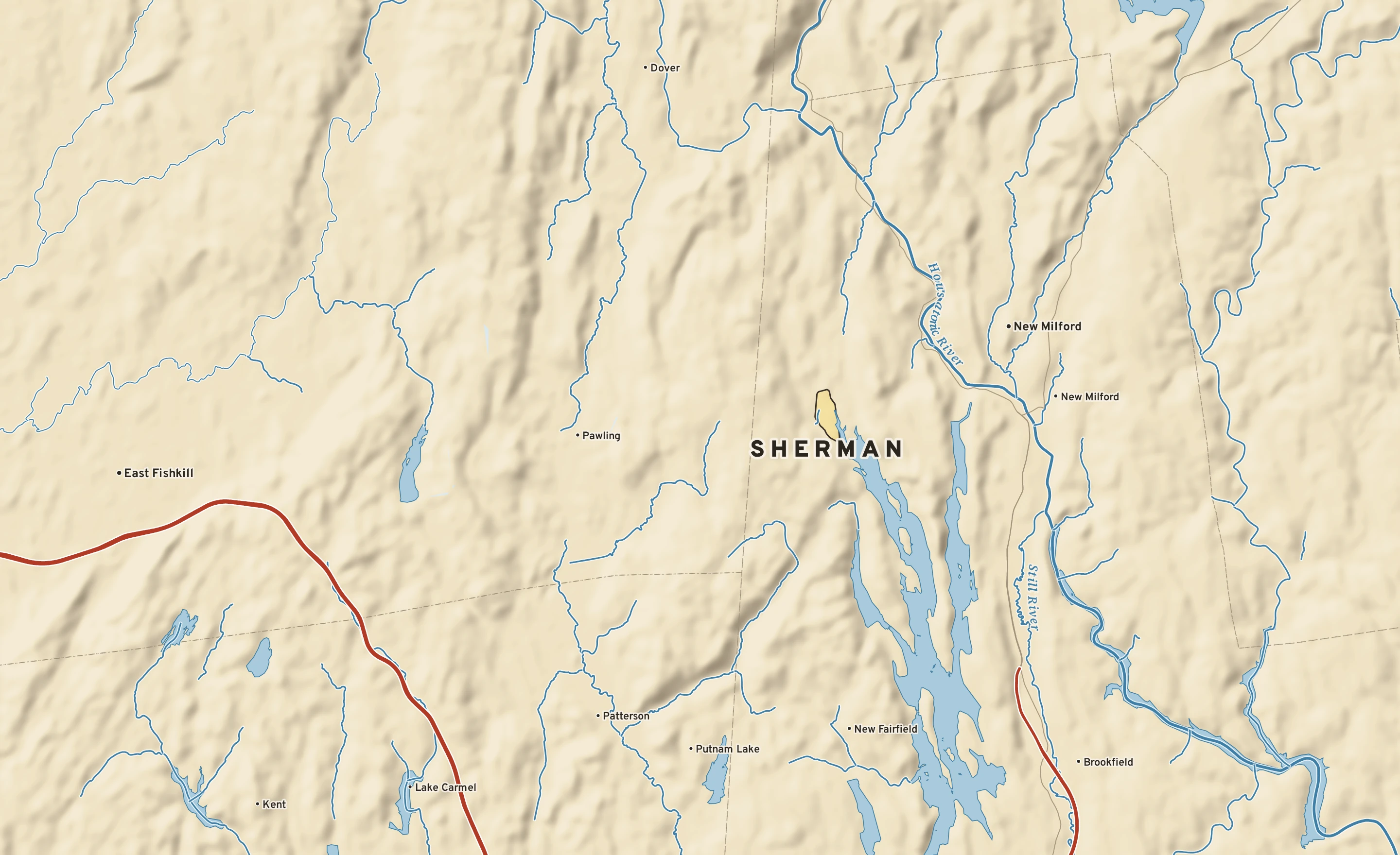 Shaded-relief atlas plate of Sherman, Connecticut: rivers, roads, the city limits and where the water drains.