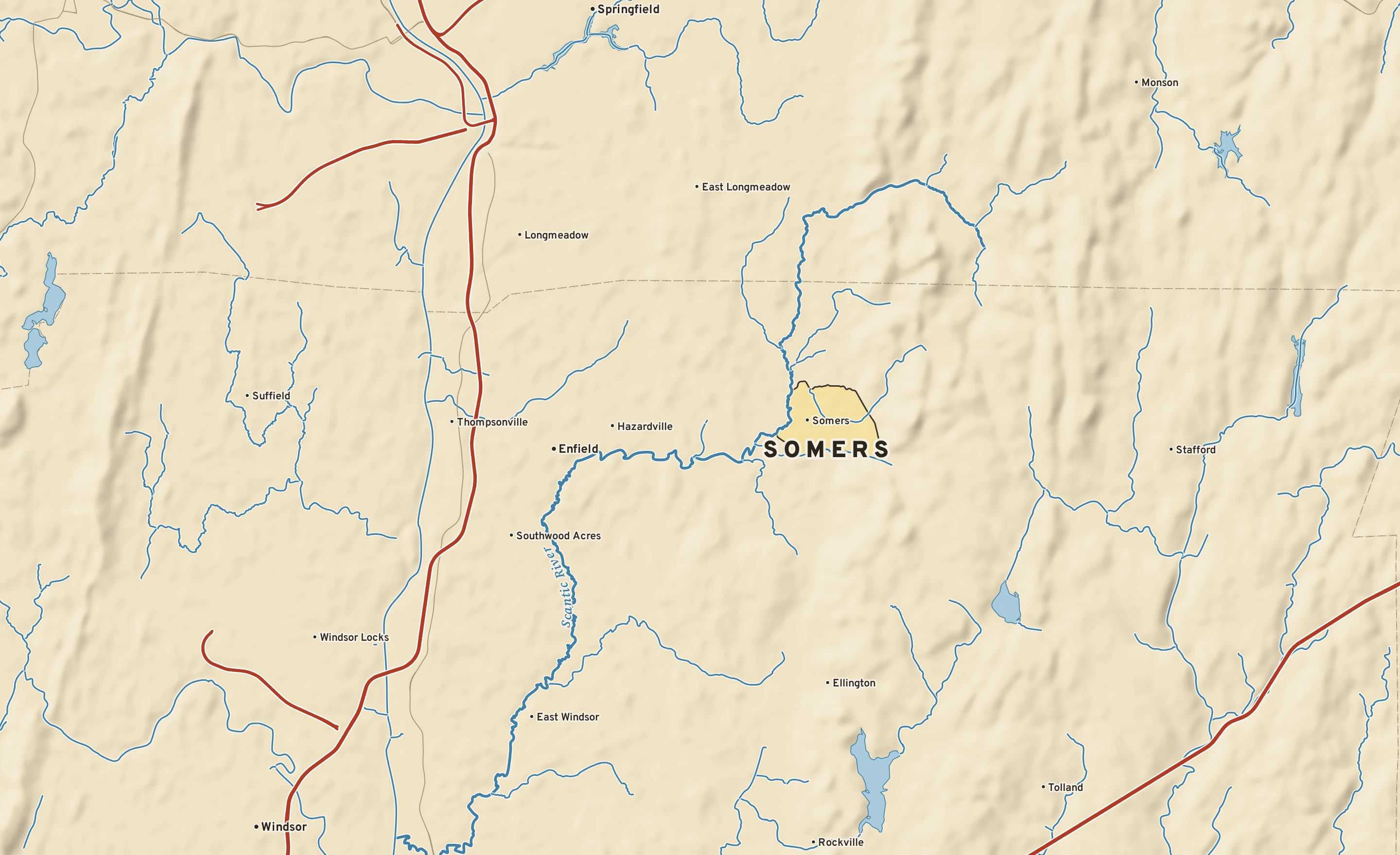 Shaded-relief atlas plate of Somers, Connecticut: rivers, roads, the city limits and where the water drains.