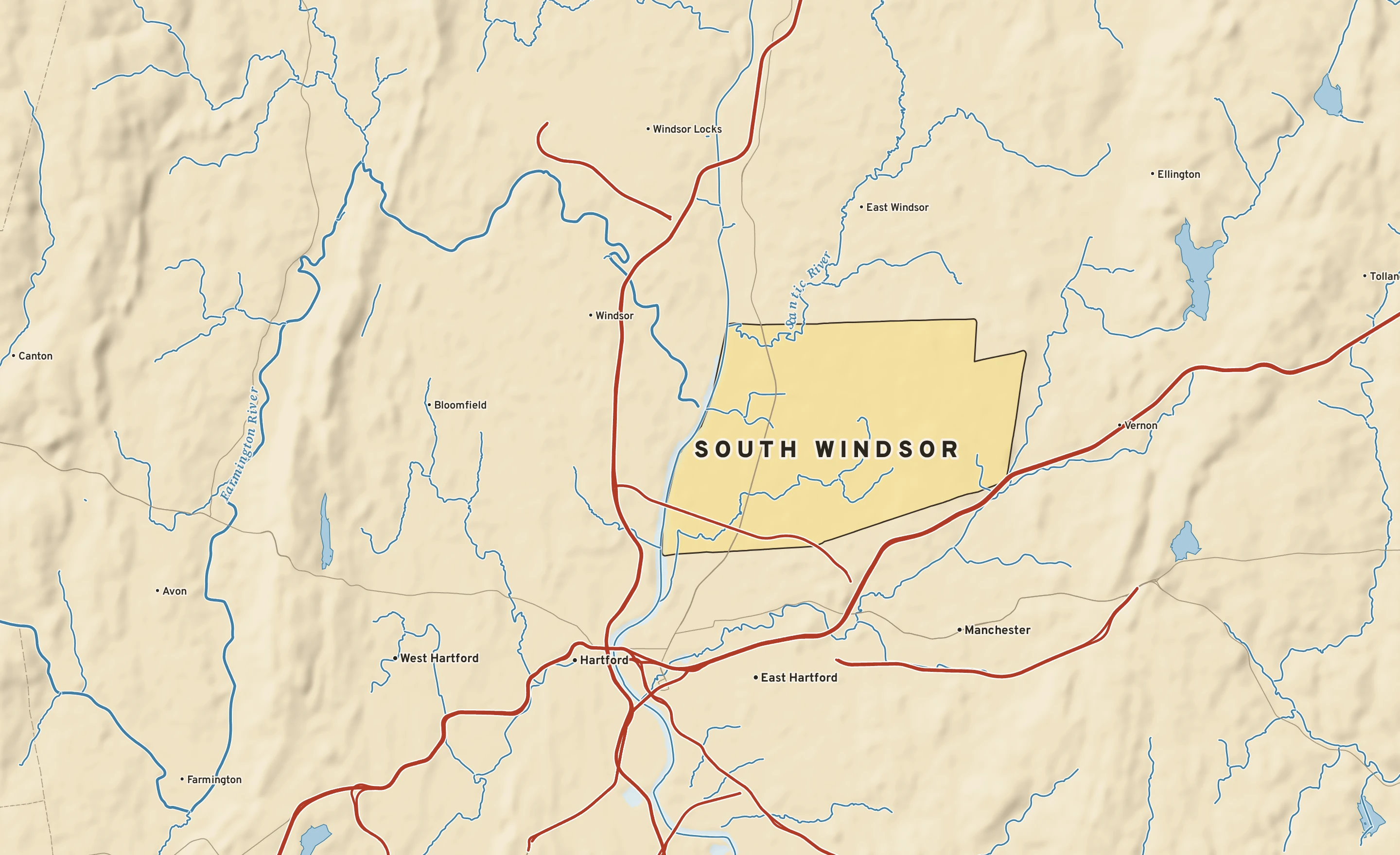 Shaded-relief atlas plate of South Windsor, Connecticut: rivers, roads, the city limits and where the water drains.