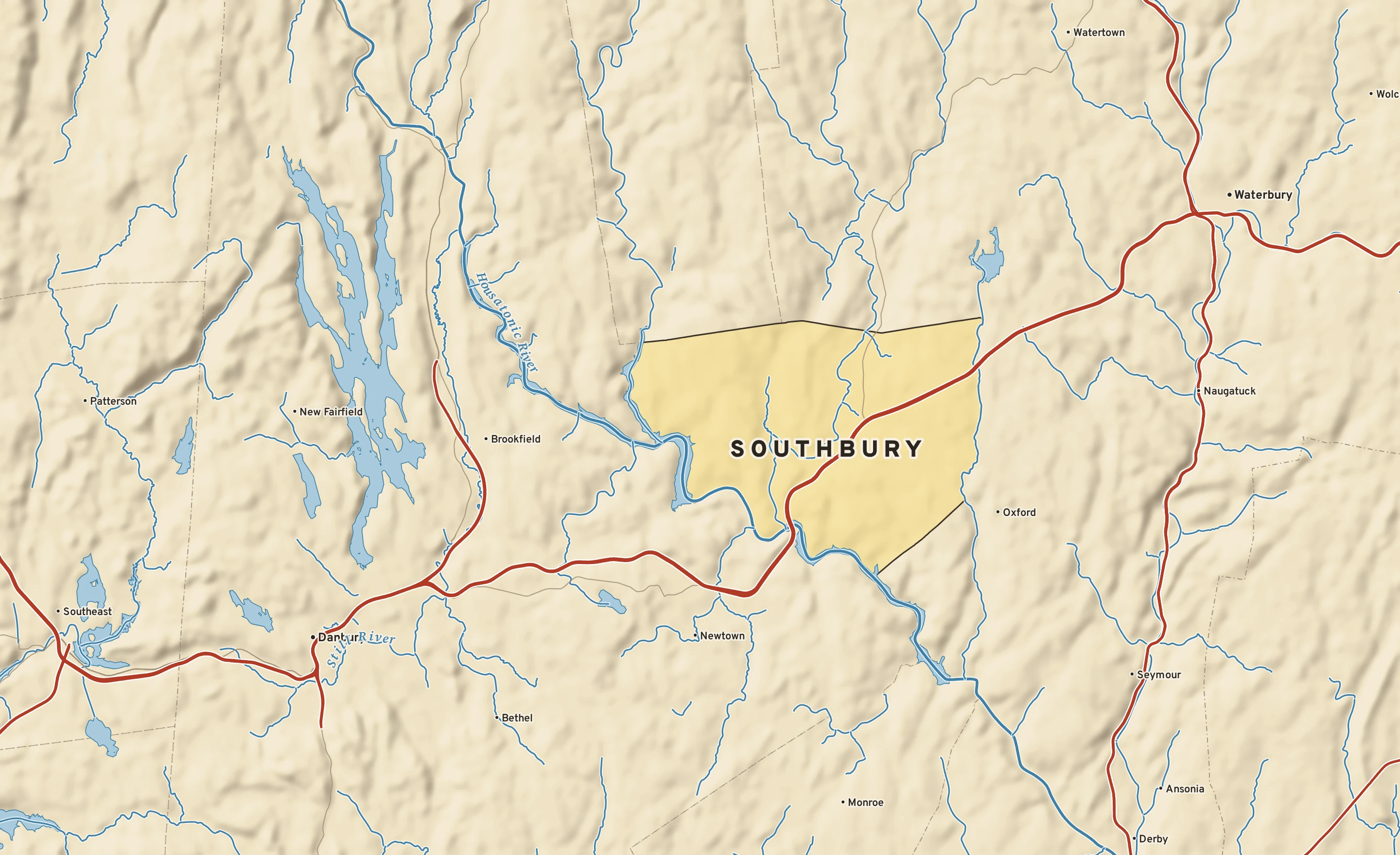 Shaded-relief atlas plate of Southbury, Connecticut: rivers, roads, the city limits and where the water drains.