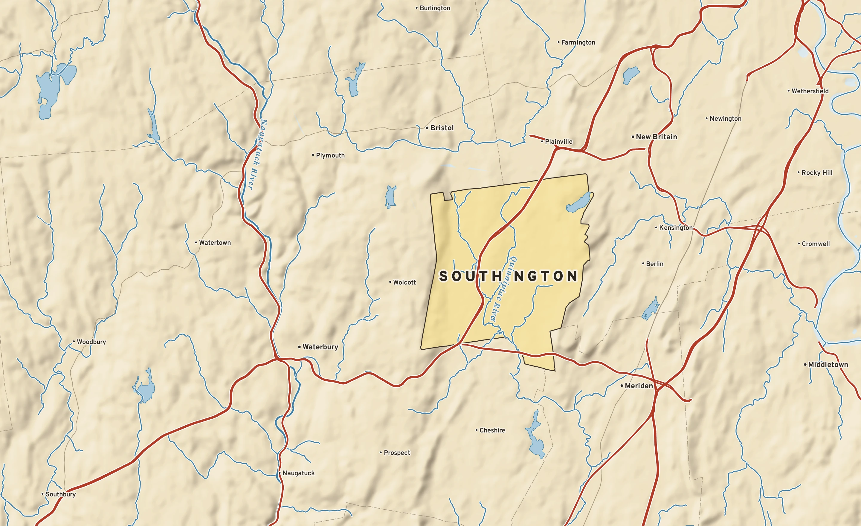 Shaded-relief atlas plate of Southington, Connecticut: rivers, roads, the city limits and where the water drains.