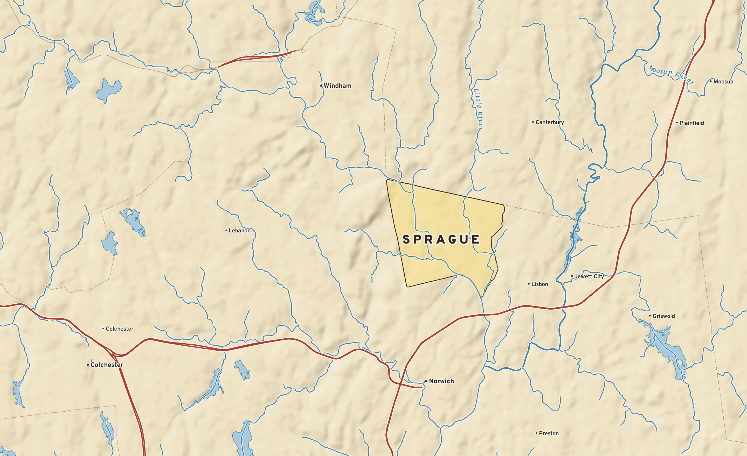 Shaded-relief atlas plate of Sprague, Connecticut: rivers, roads, the city limits and where the water drains.
