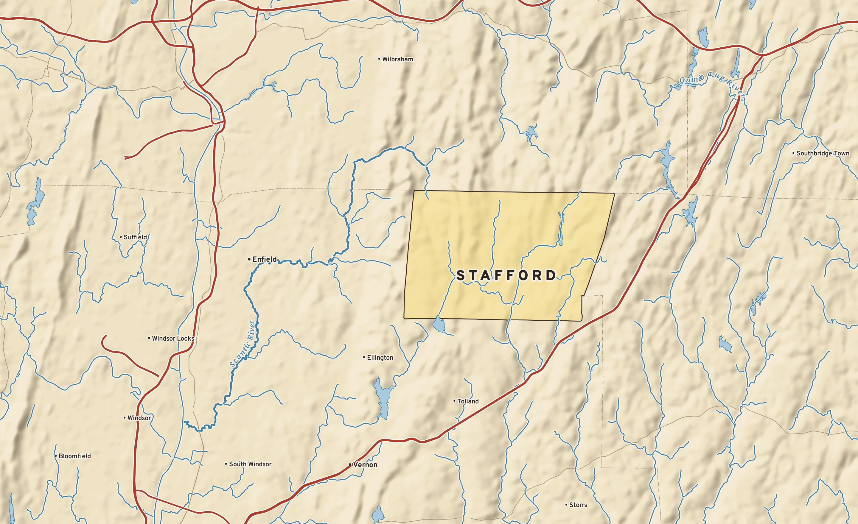 Shaded-relief atlas plate of Stafford, Connecticut: rivers, roads, the city limits and where the water drains.