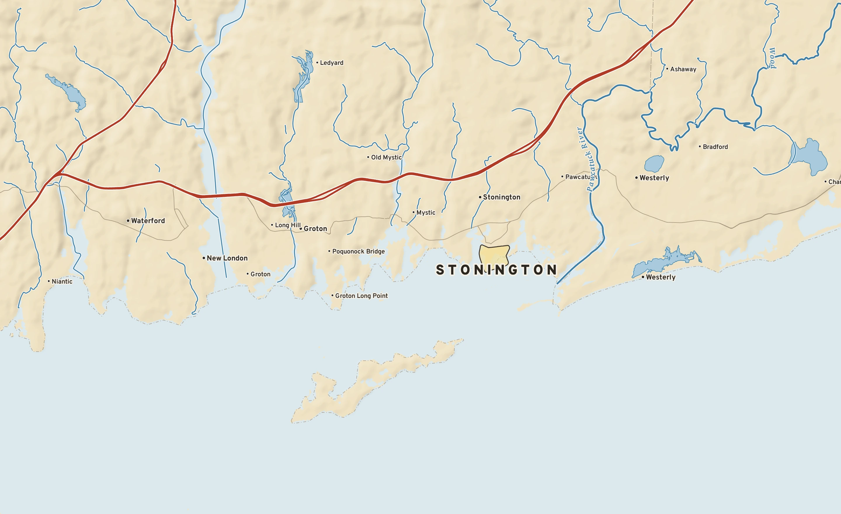 Shaded-relief atlas plate of Stonington, Connecticut: rivers, roads, the city limits and where the water drains.