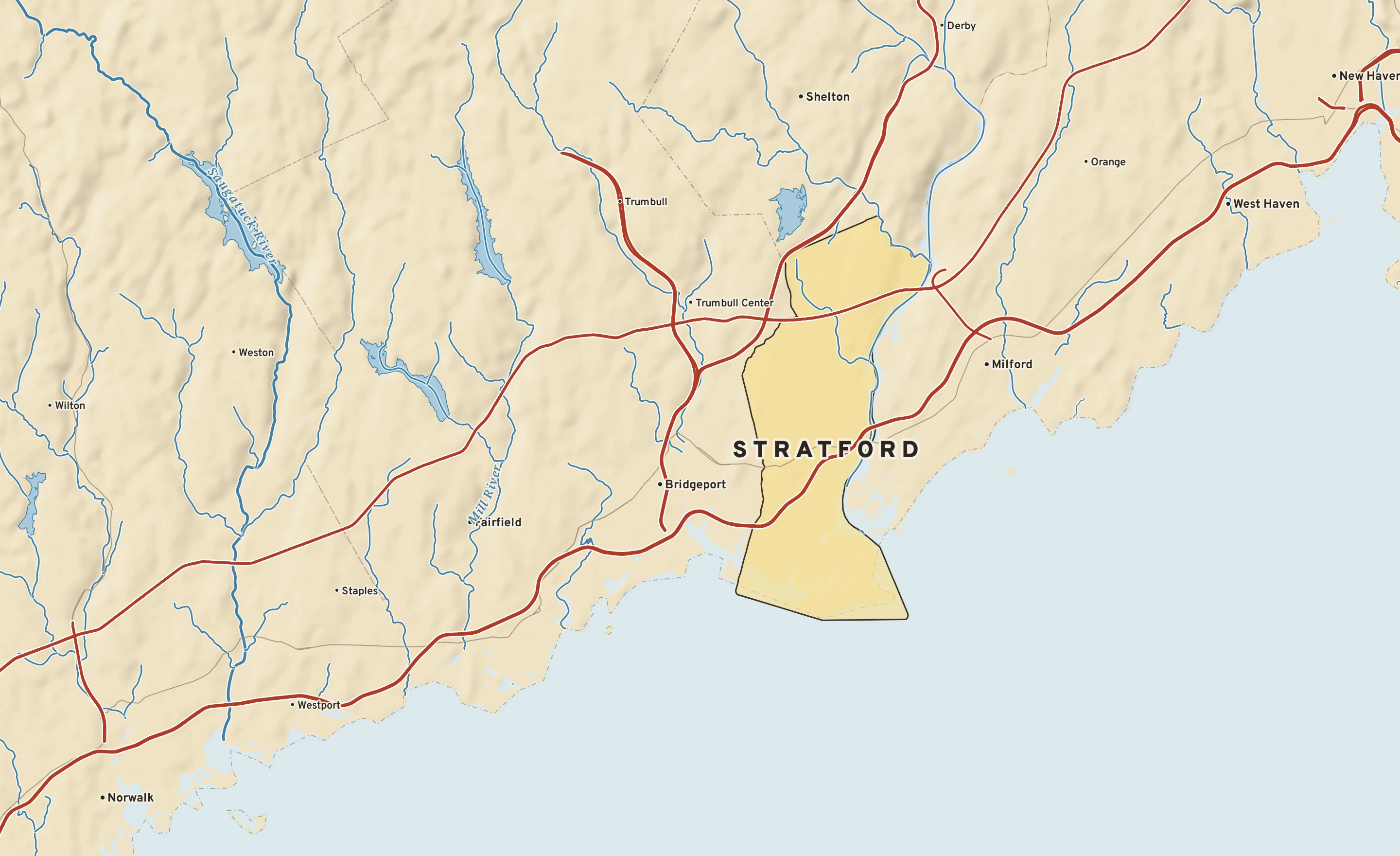 Shaded-relief atlas plate of Stratford, Connecticut: rivers, roads, the city limits and where the water drains.