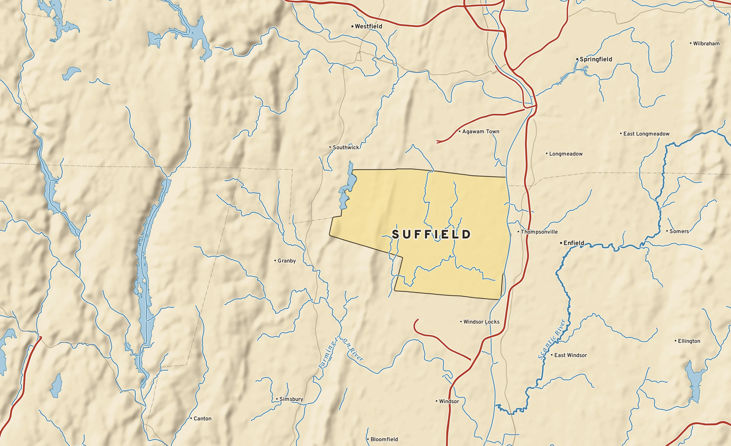 Shaded-relief atlas plate of Suffield, Connecticut: rivers, roads, the city limits and where the water drains.