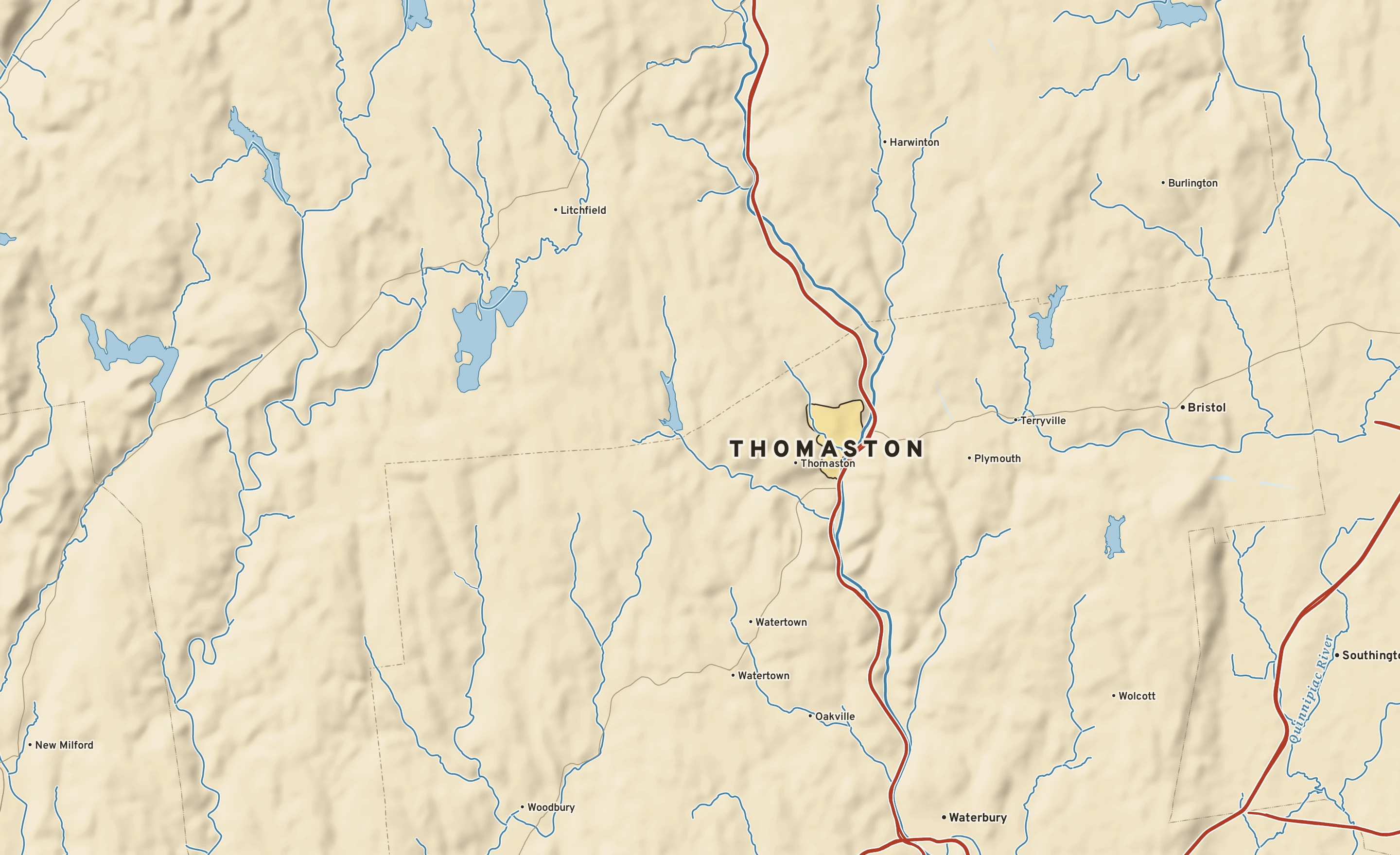 Shaded-relief atlas plate of Thomaston, Connecticut: rivers, roads, the city limits and where the water drains.
