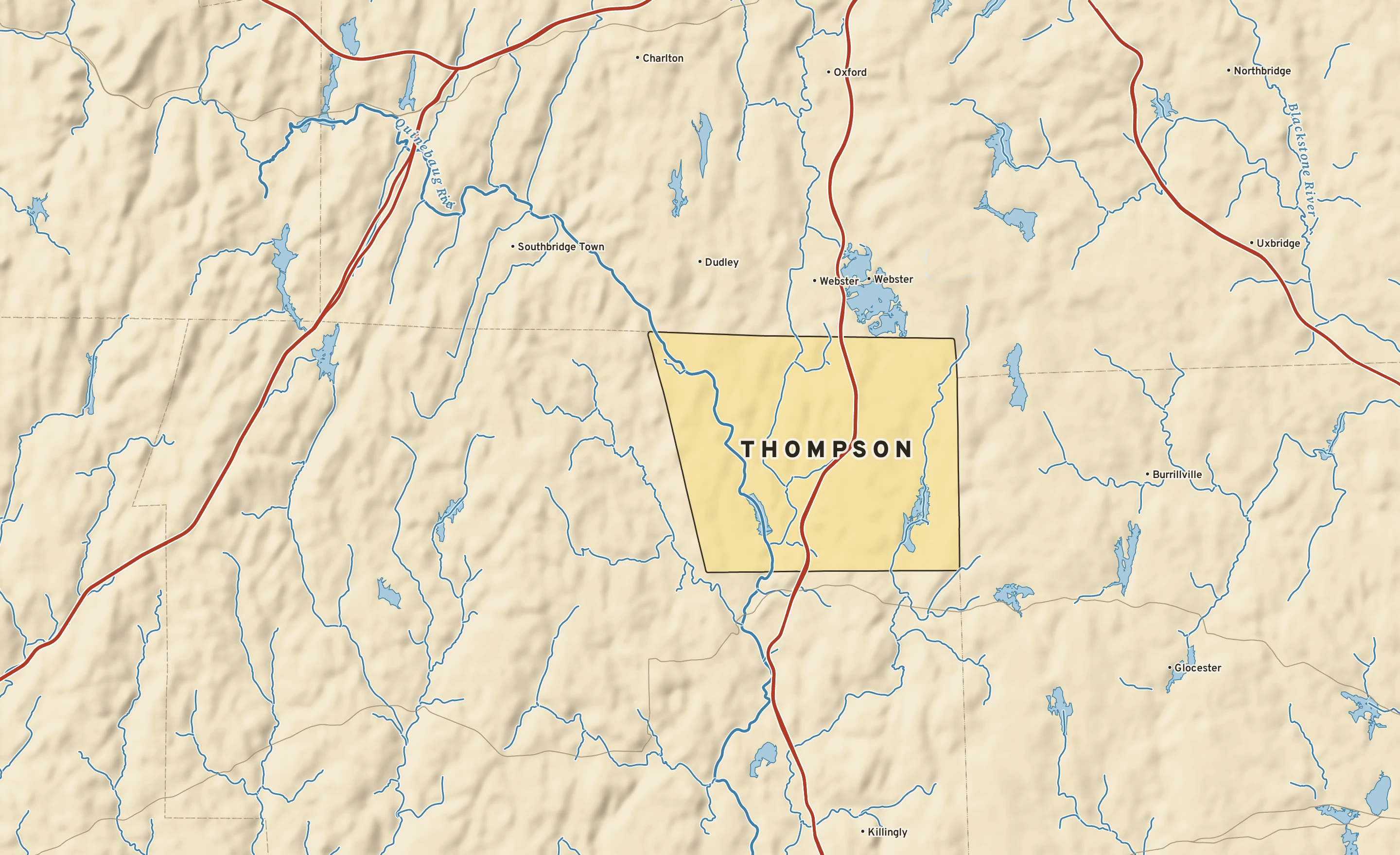 Shaded-relief atlas plate of Thompson, Connecticut: rivers, roads, the city limits and where the water drains.
