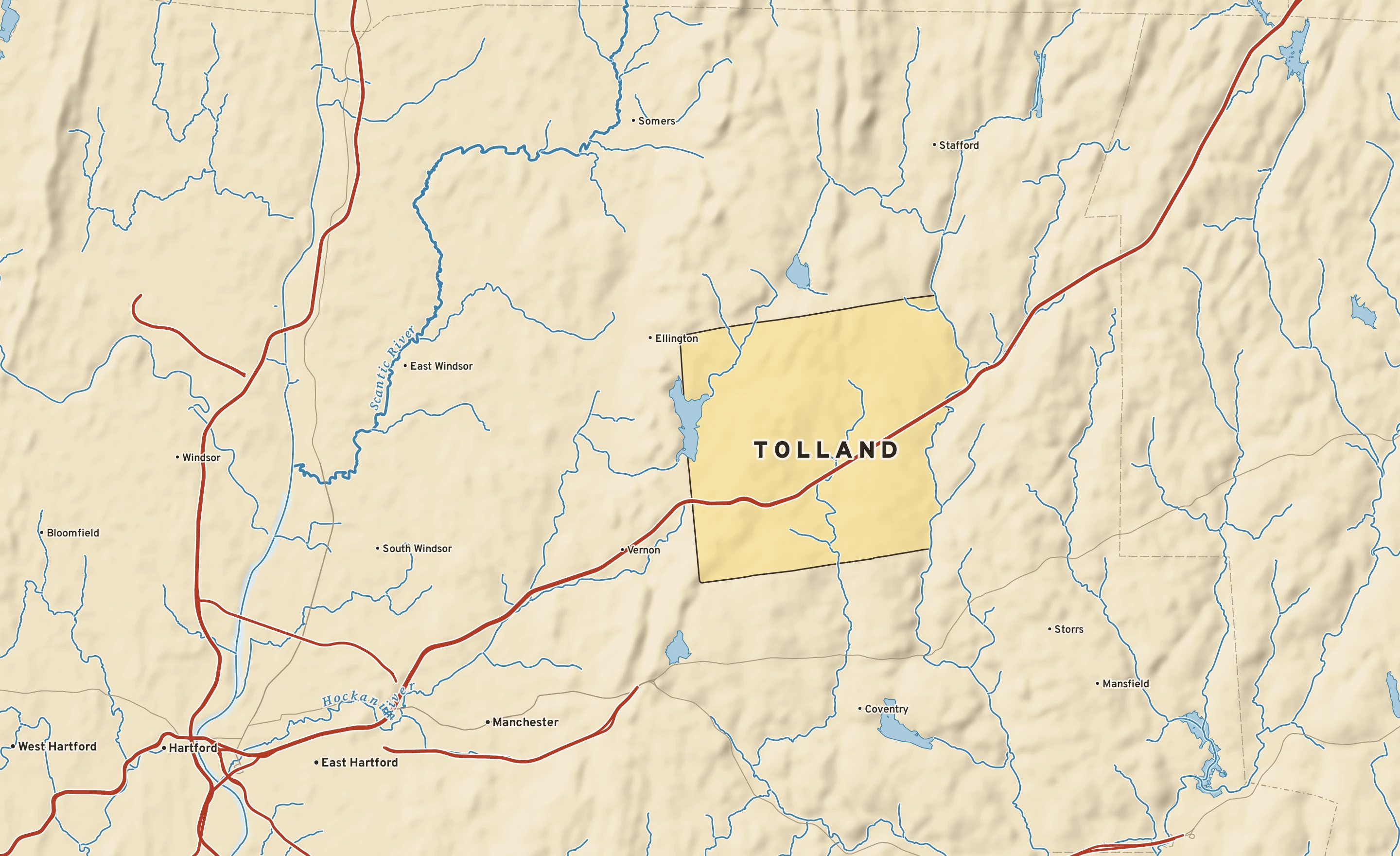 Shaded-relief atlas plate of Tolland, Connecticut: rivers, roads, the city limits and where the water drains.