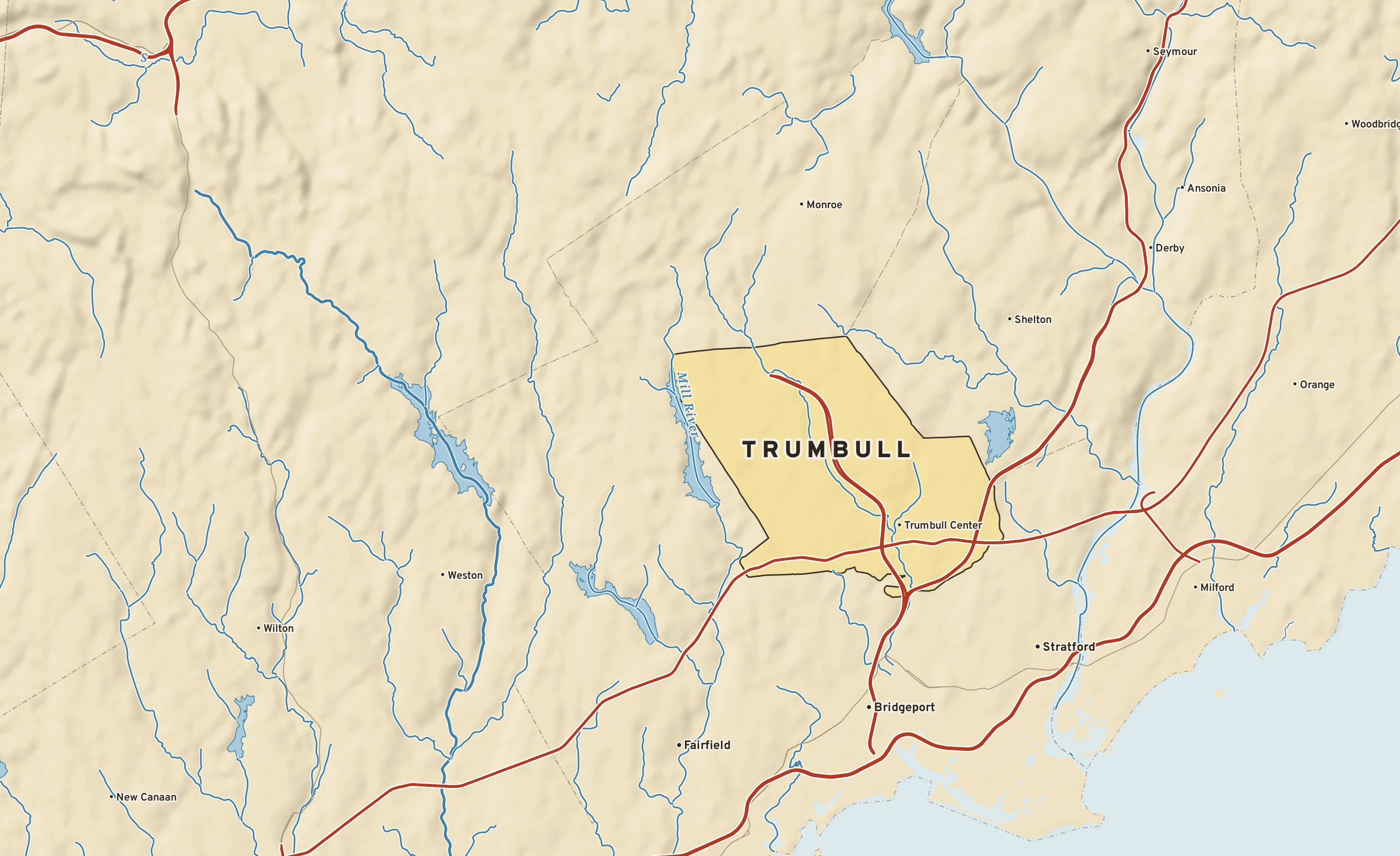 Shaded-relief atlas plate of Trumbull, Connecticut: rivers, roads, the city limits and where the water drains.