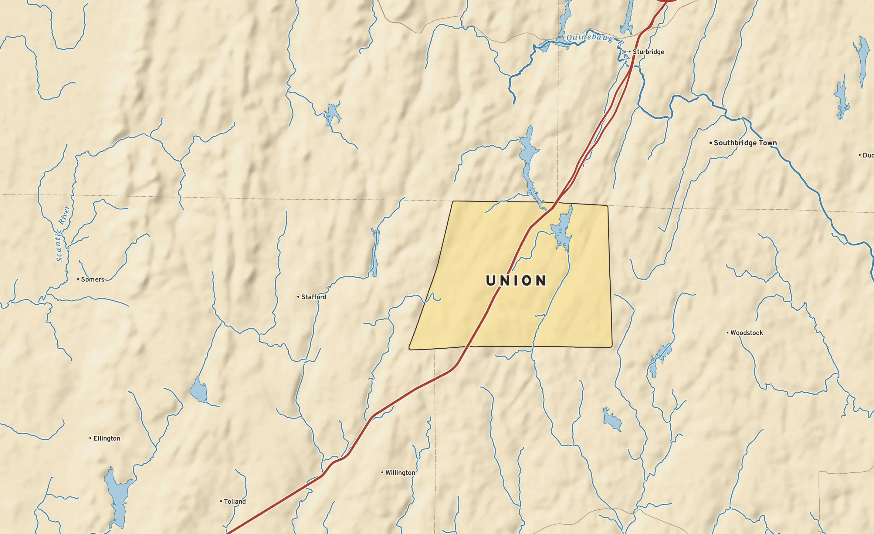 Shaded-relief atlas plate of Union, Connecticut: rivers, roads, the city limits and where the water drains.