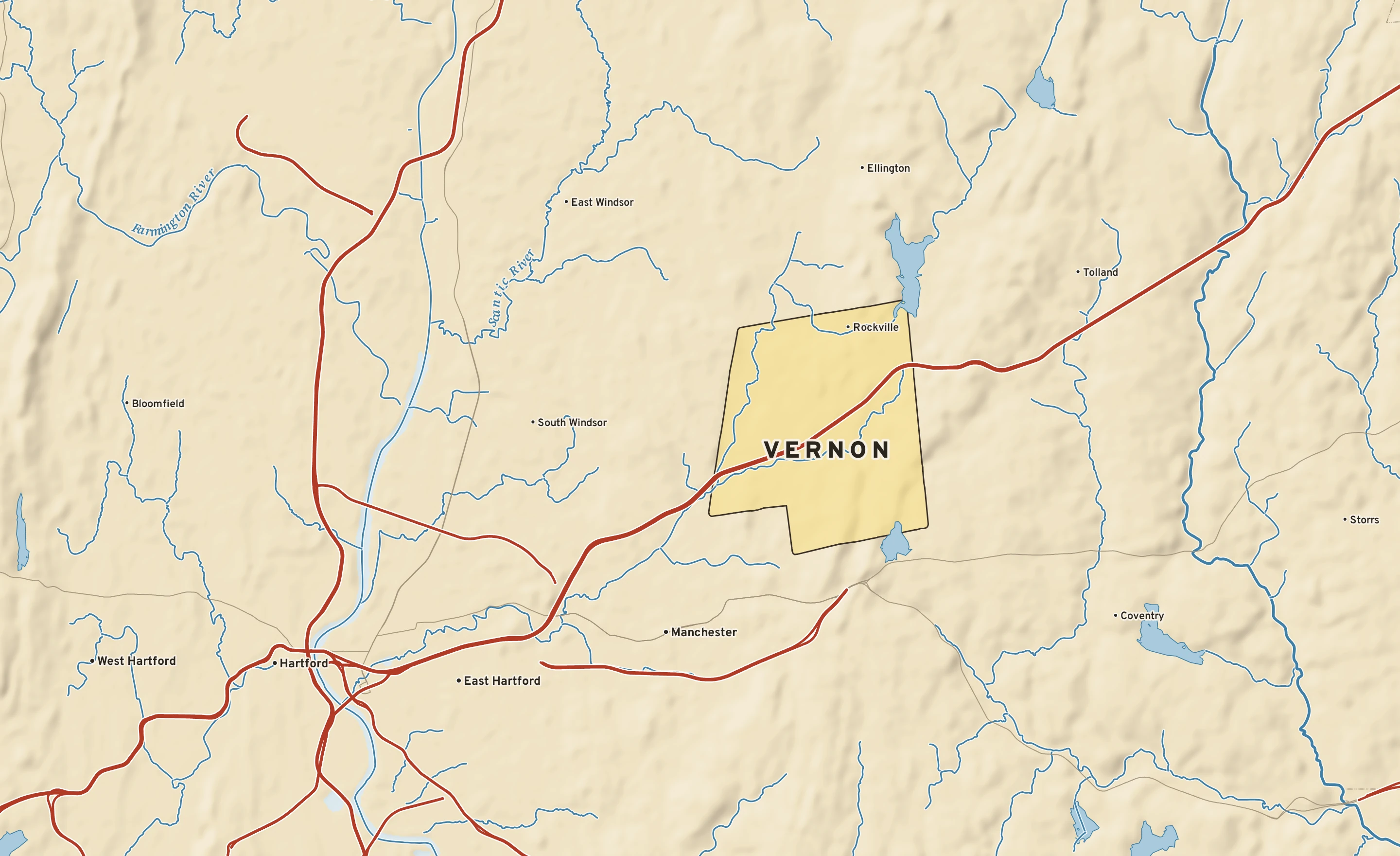 Shaded-relief atlas plate of Vernon, Connecticut: rivers, roads, the city limits and where the water drains.