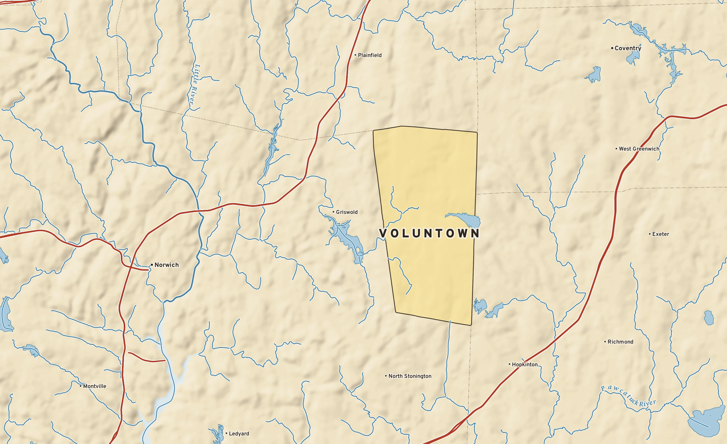 Shaded-relief atlas plate of Voluntown, Connecticut: rivers, roads, the city limits and where the water drains.