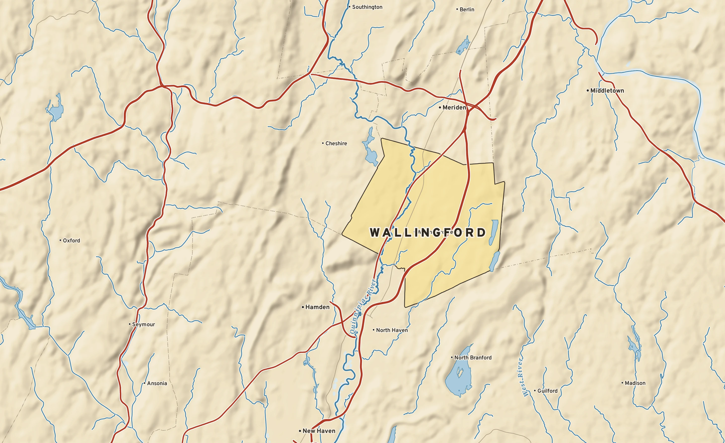 Shaded-relief atlas plate of Wallingford, Connecticut: rivers, roads, the city limits and where the water drains.