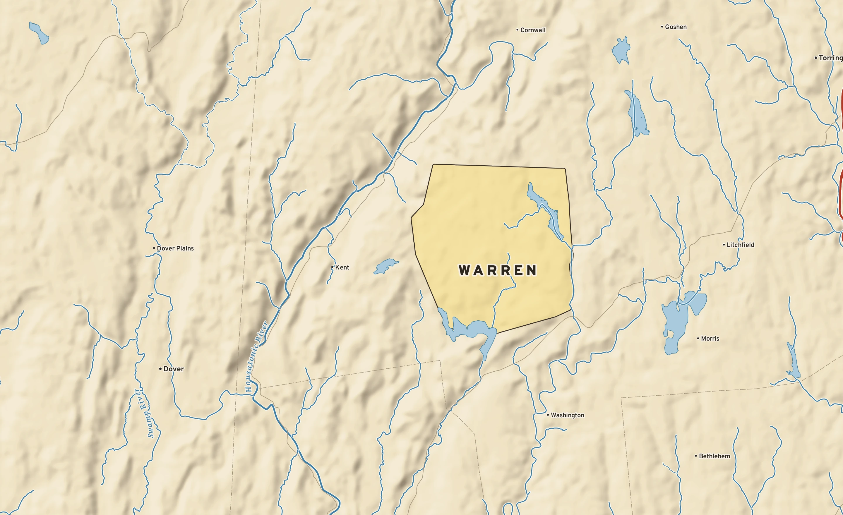Shaded-relief atlas plate of Warren, Connecticut: rivers, roads, the city limits and where the water drains.