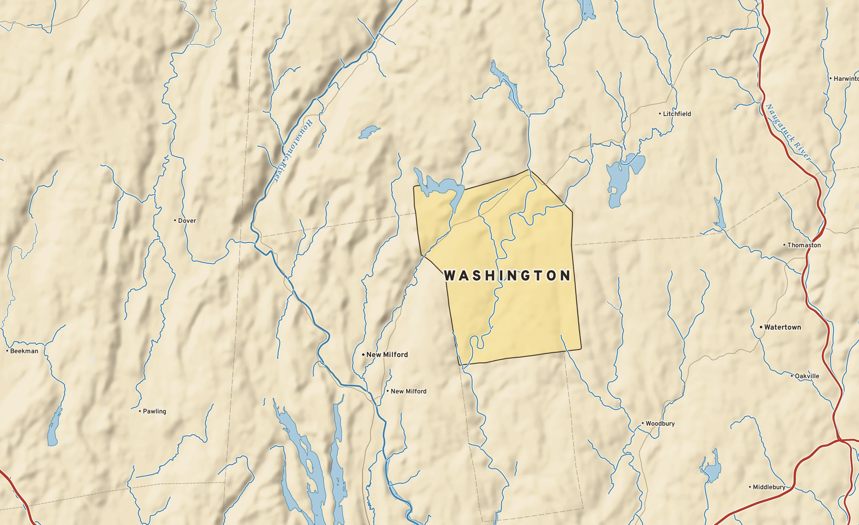 Shaded-relief atlas plate of Washington, Connecticut: rivers, roads, the city limits and where the water drains.