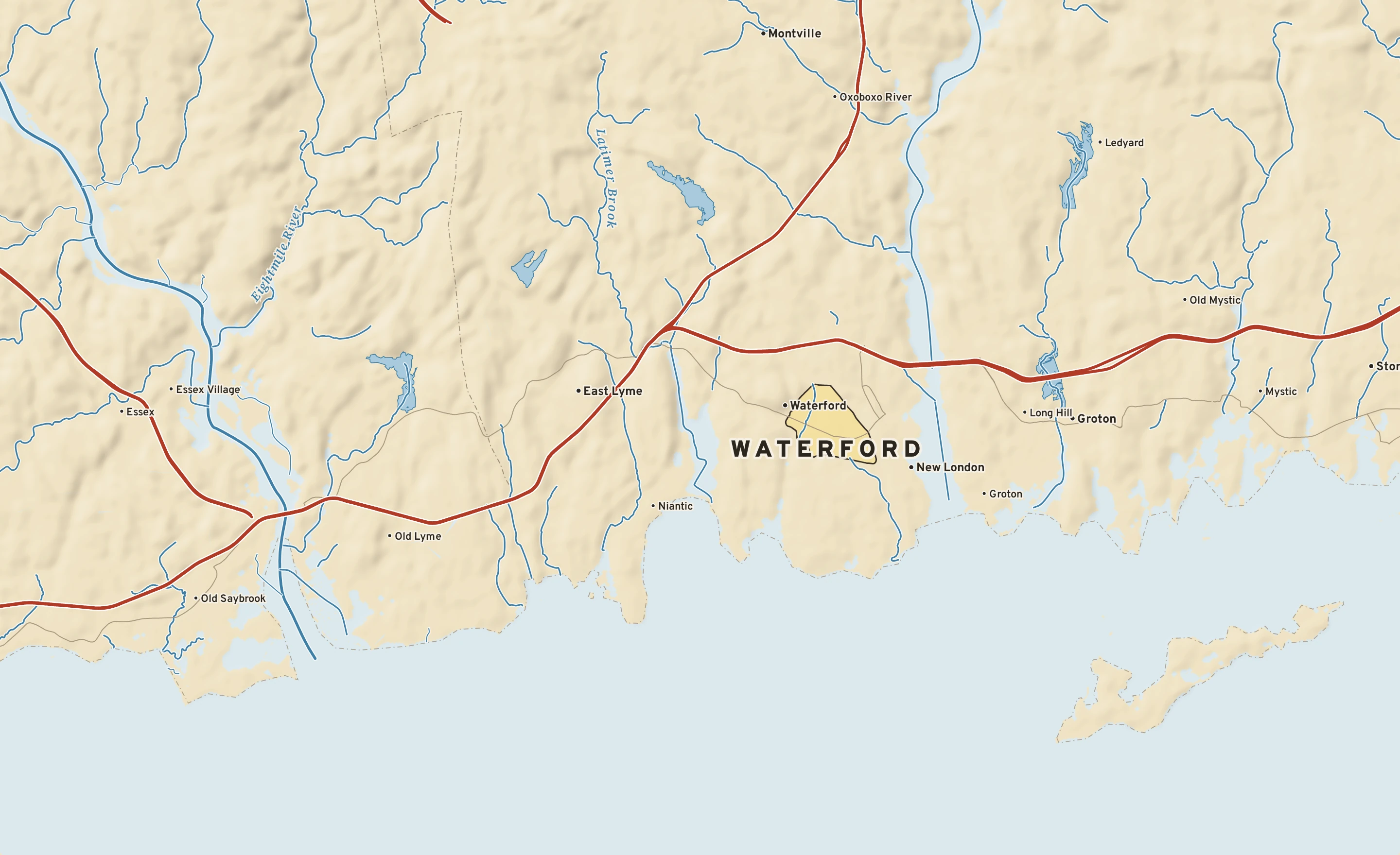 Shaded-relief atlas plate of Waterford, Connecticut: rivers, roads, the city limits and where the water drains.