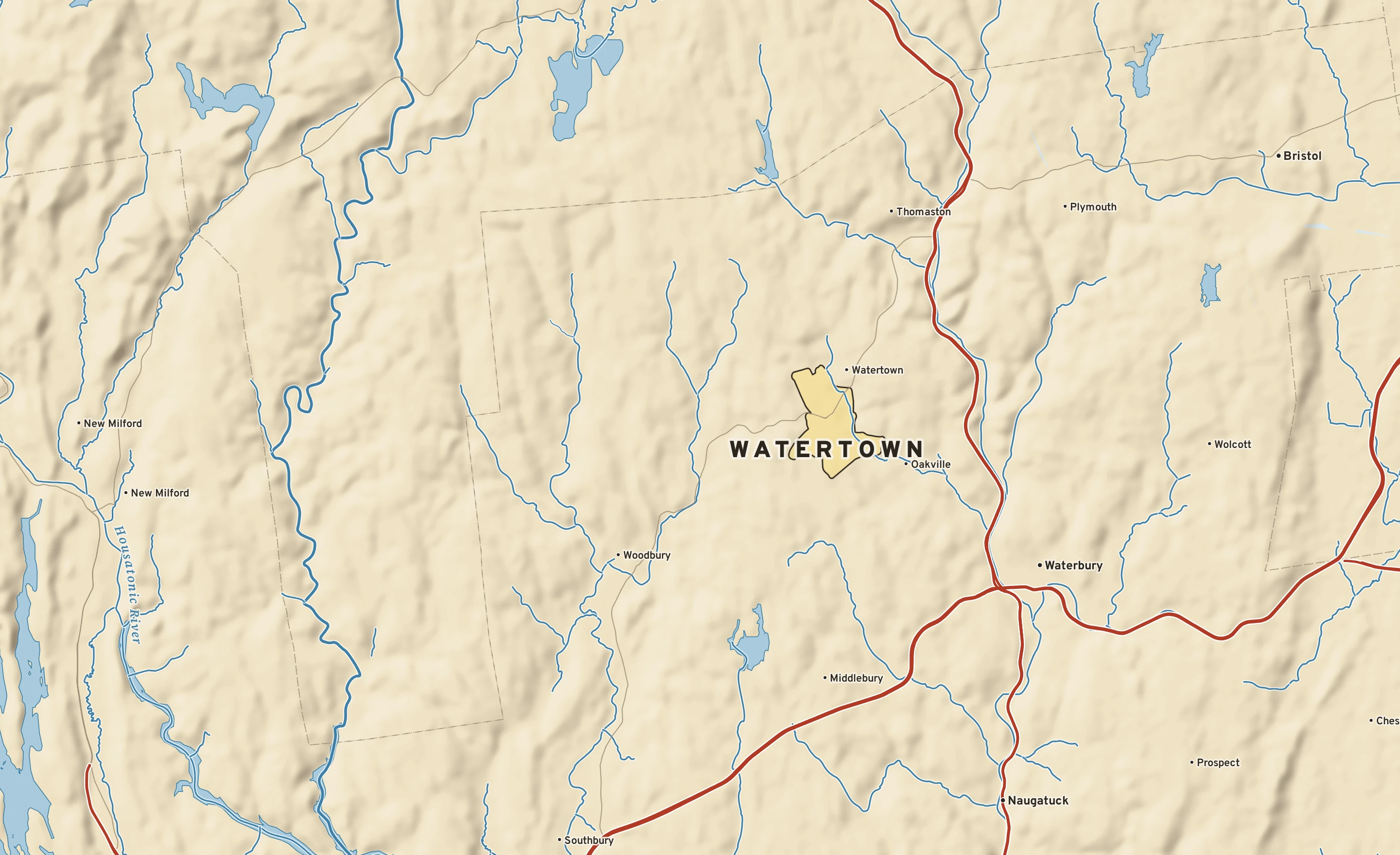 Shaded-relief atlas plate of Watertown, Connecticut: rivers, roads, the city limits and where the water drains.