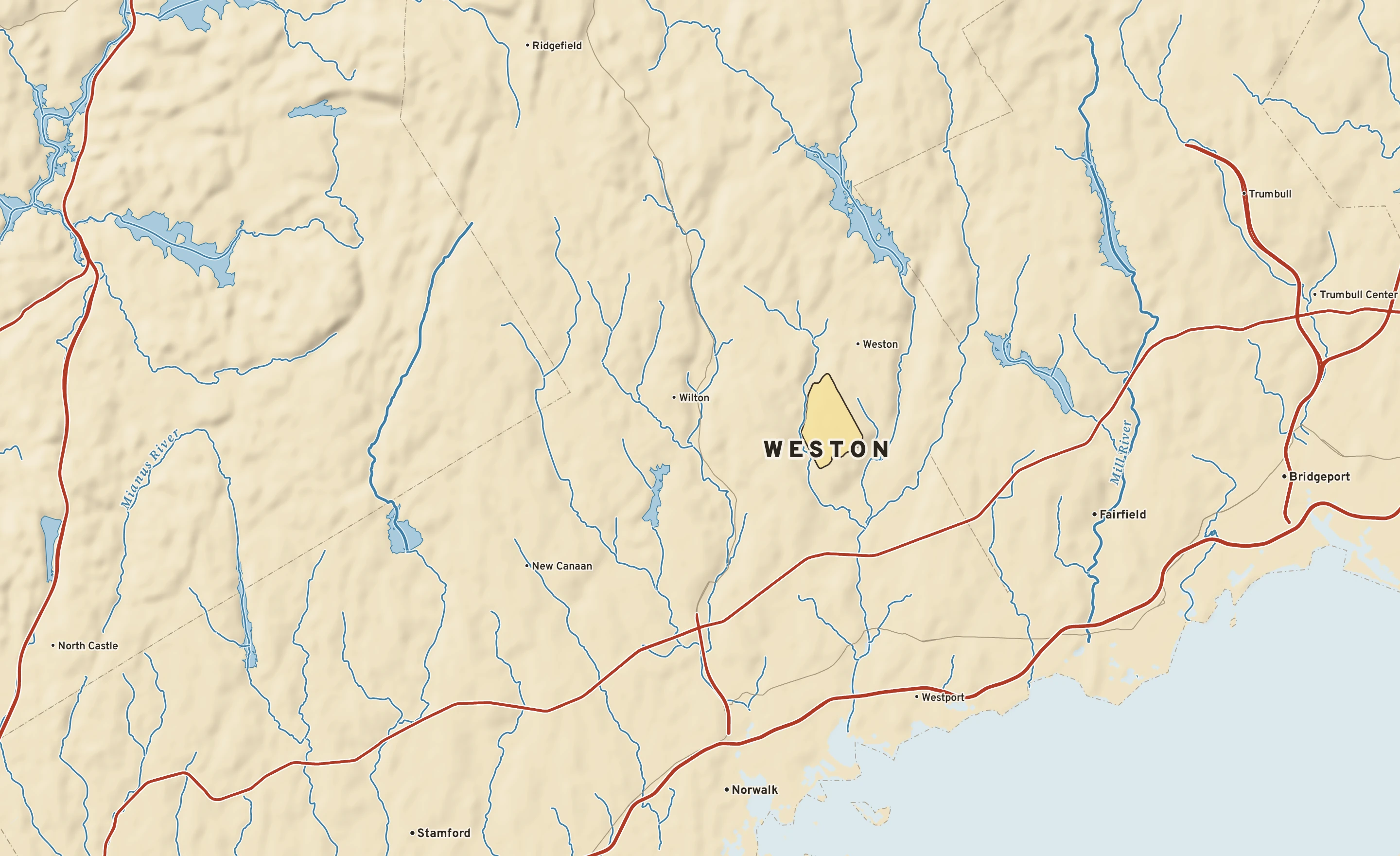 Shaded-relief atlas plate of Weston, Connecticut: rivers, roads, the city limits and where the water drains.