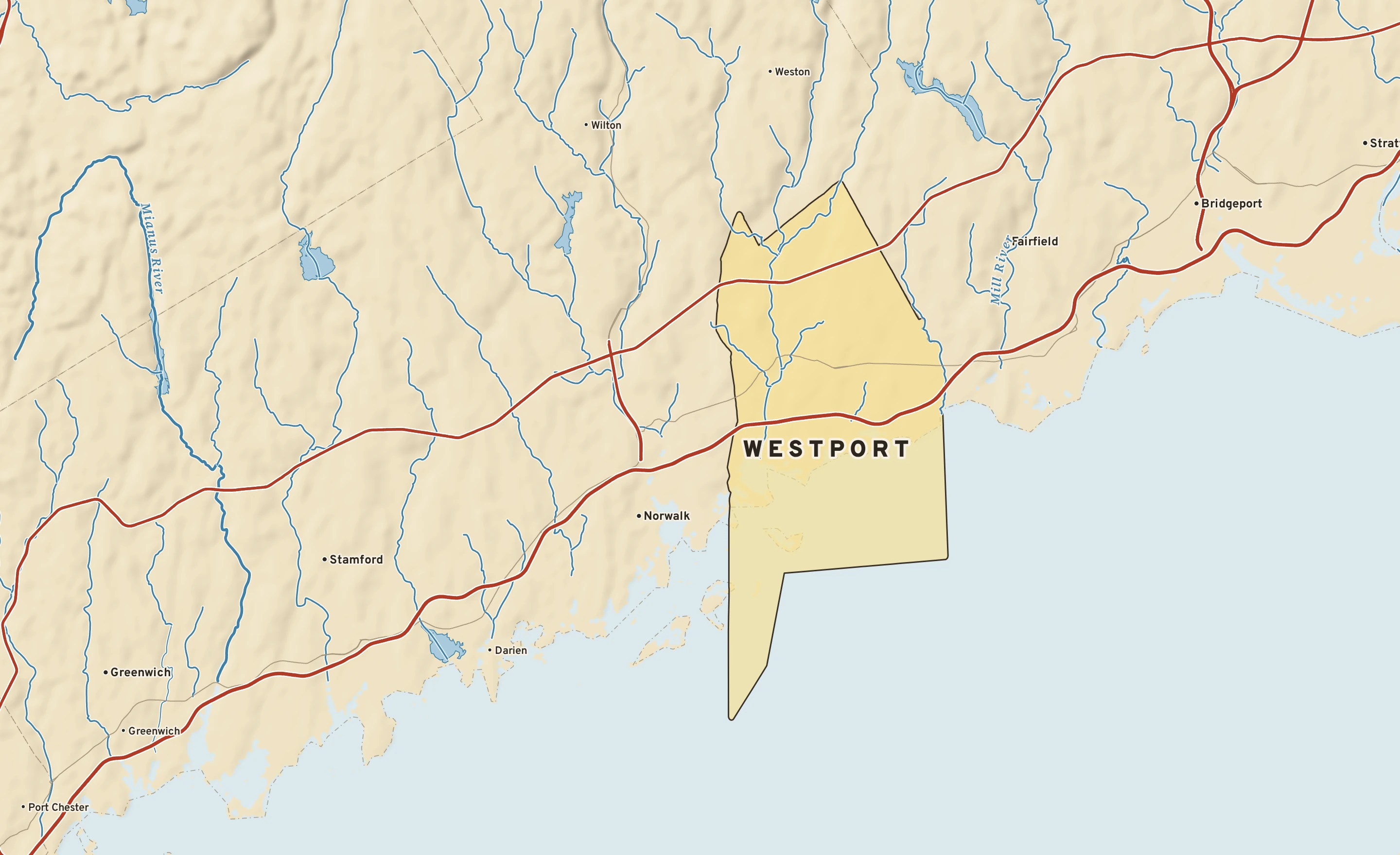 Shaded-relief atlas plate of Westport, Connecticut: rivers, roads, the city limits and where the water drains.