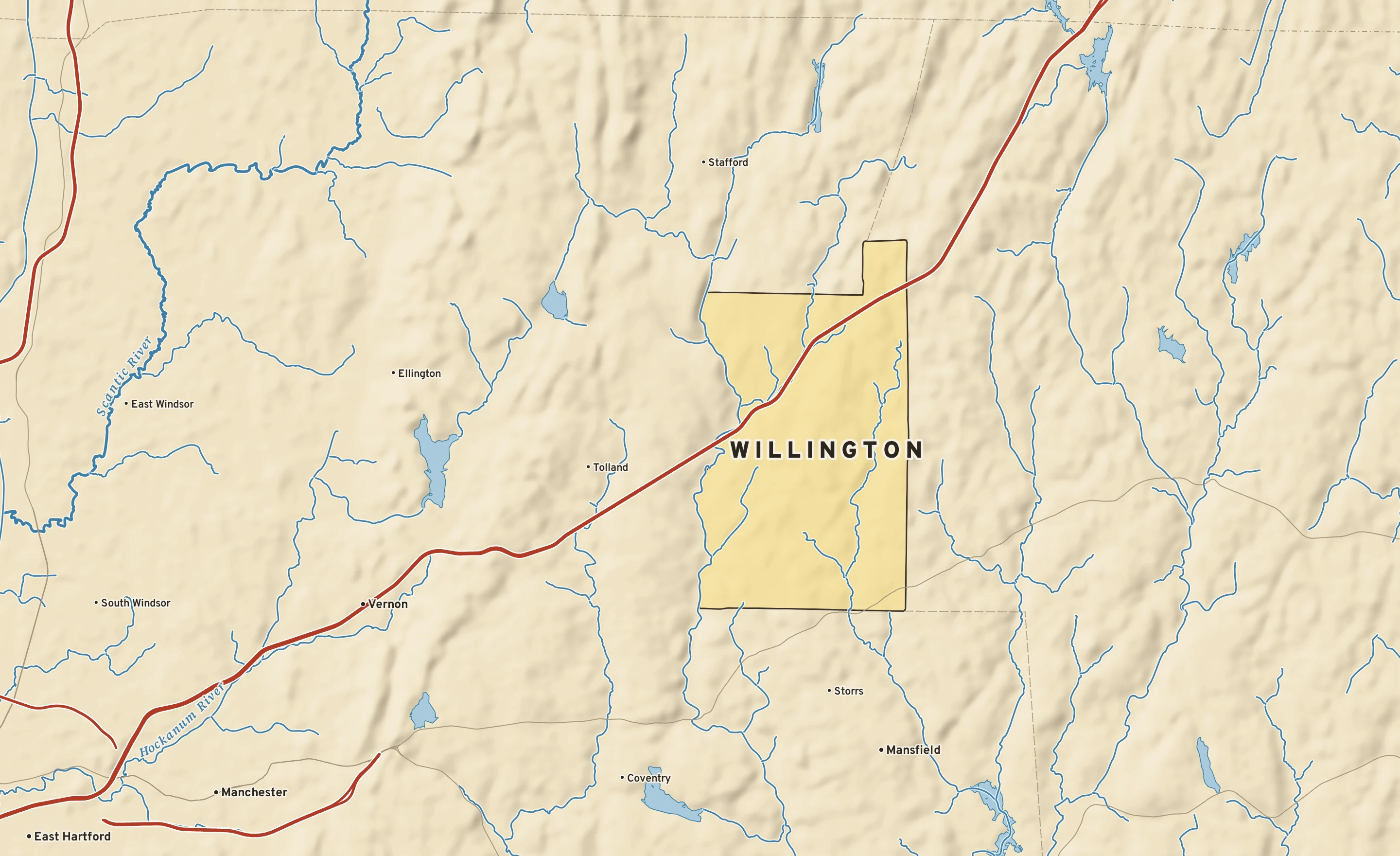 Shaded-relief atlas plate of Willington, Connecticut: rivers, roads, the city limits and where the water drains.