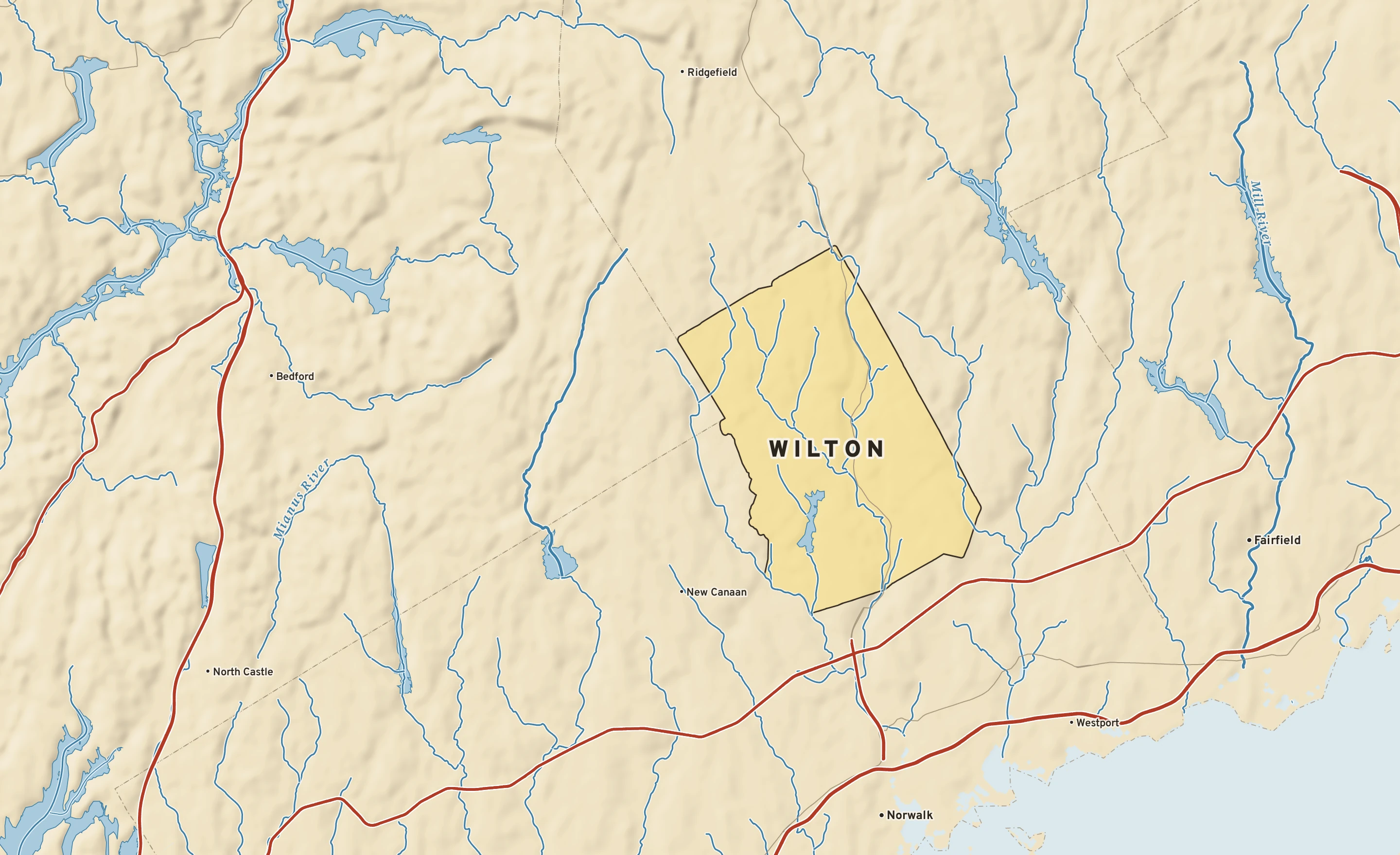 Shaded-relief atlas plate of Wilton, Connecticut: rivers, roads, the city limits and where the water drains.