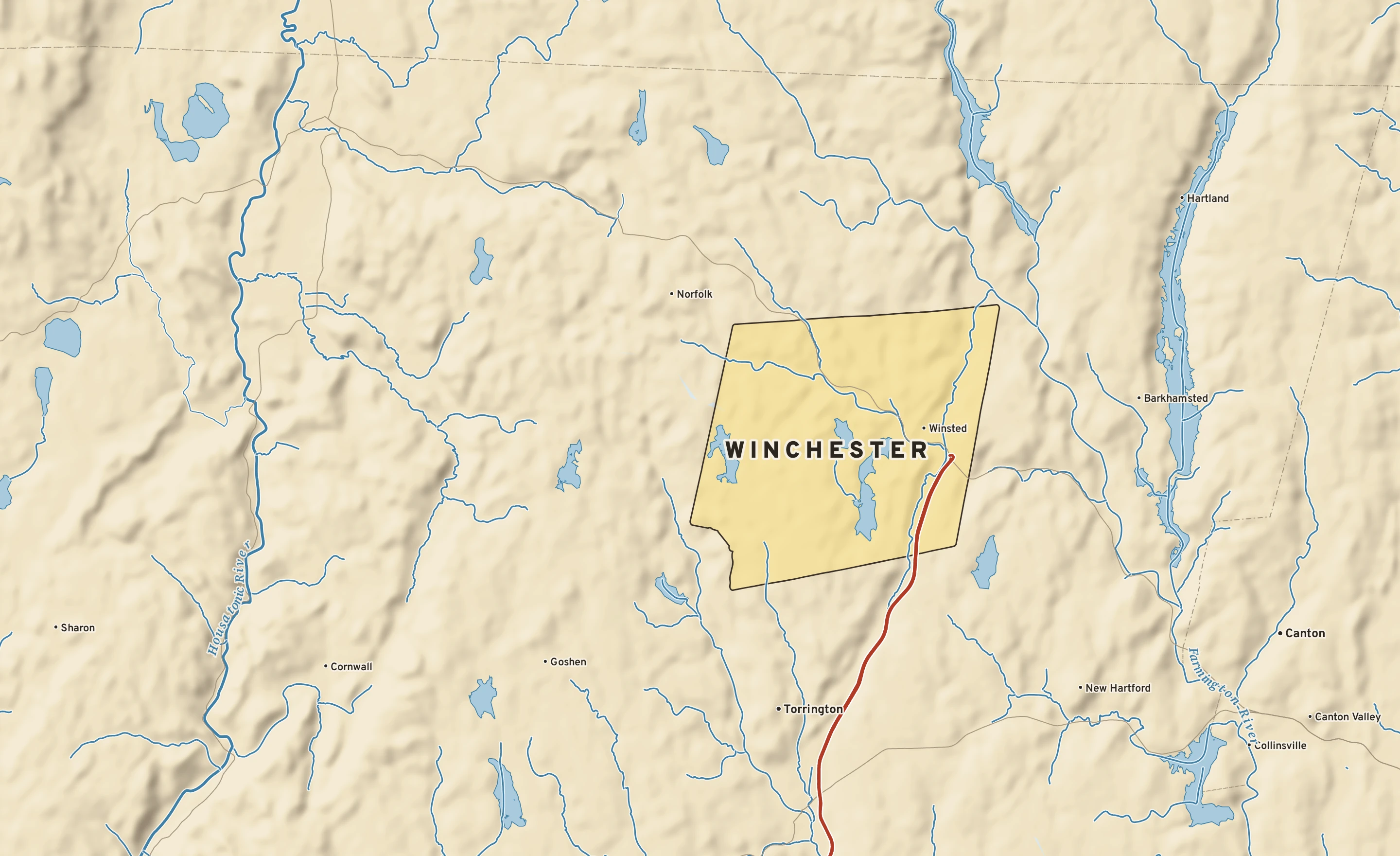 Shaded-relief atlas plate of Winchester, Connecticut: rivers, roads, the city limits and where the water drains.