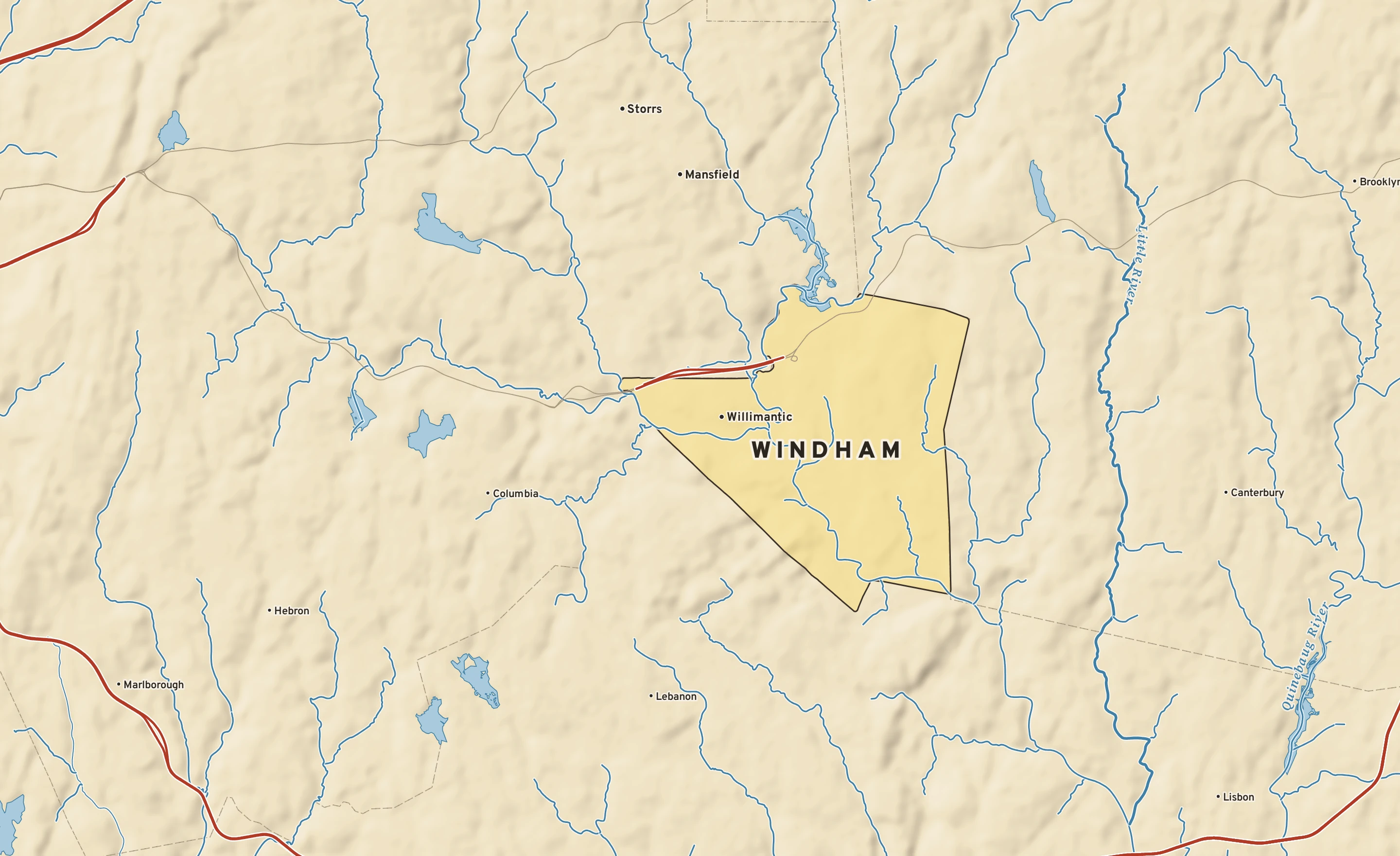 Shaded-relief atlas plate of Windham, Connecticut: rivers, roads, the city limits and where the water drains.