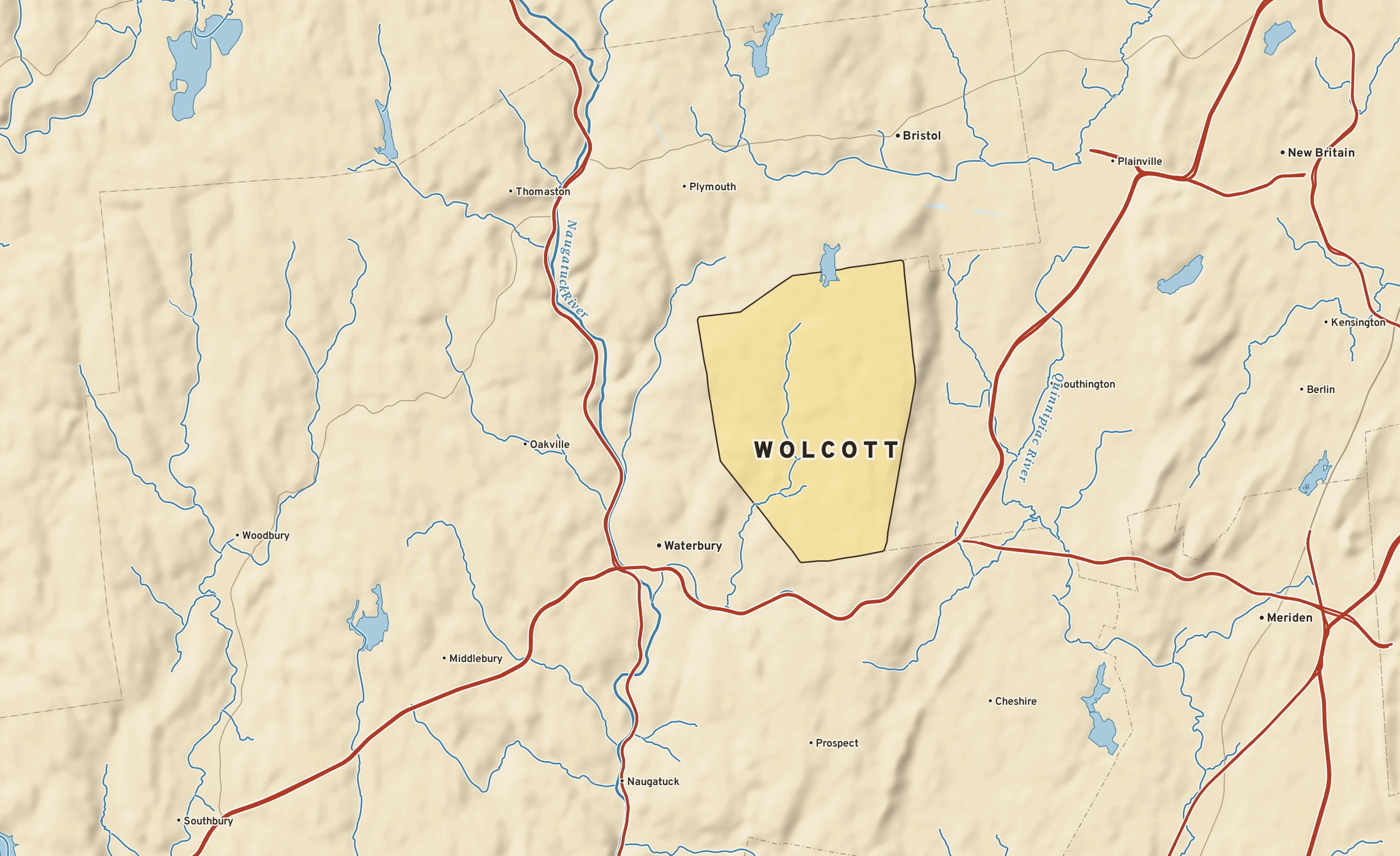 Shaded-relief atlas plate of Wolcott, Connecticut: rivers, roads, the city limits and where the water drains.