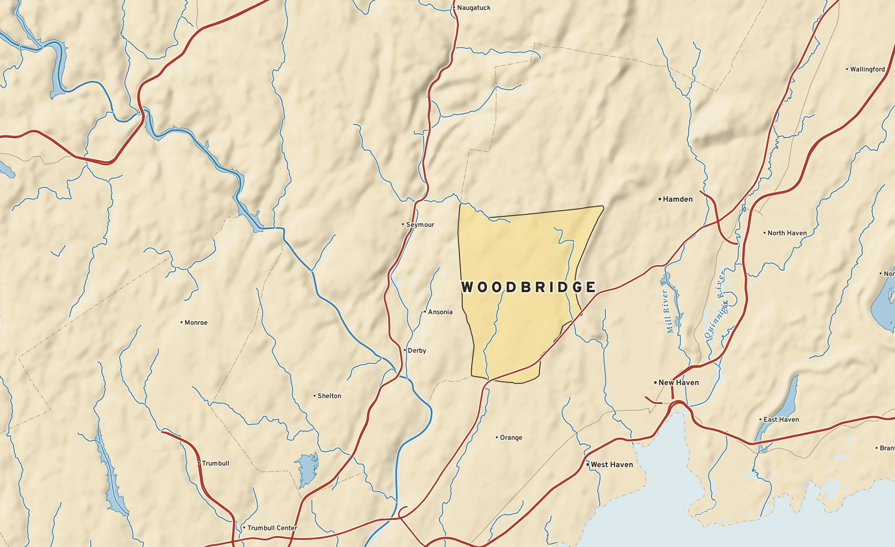Shaded-relief atlas plate of Woodbridge, Connecticut: rivers, roads, the city limits and where the water drains.