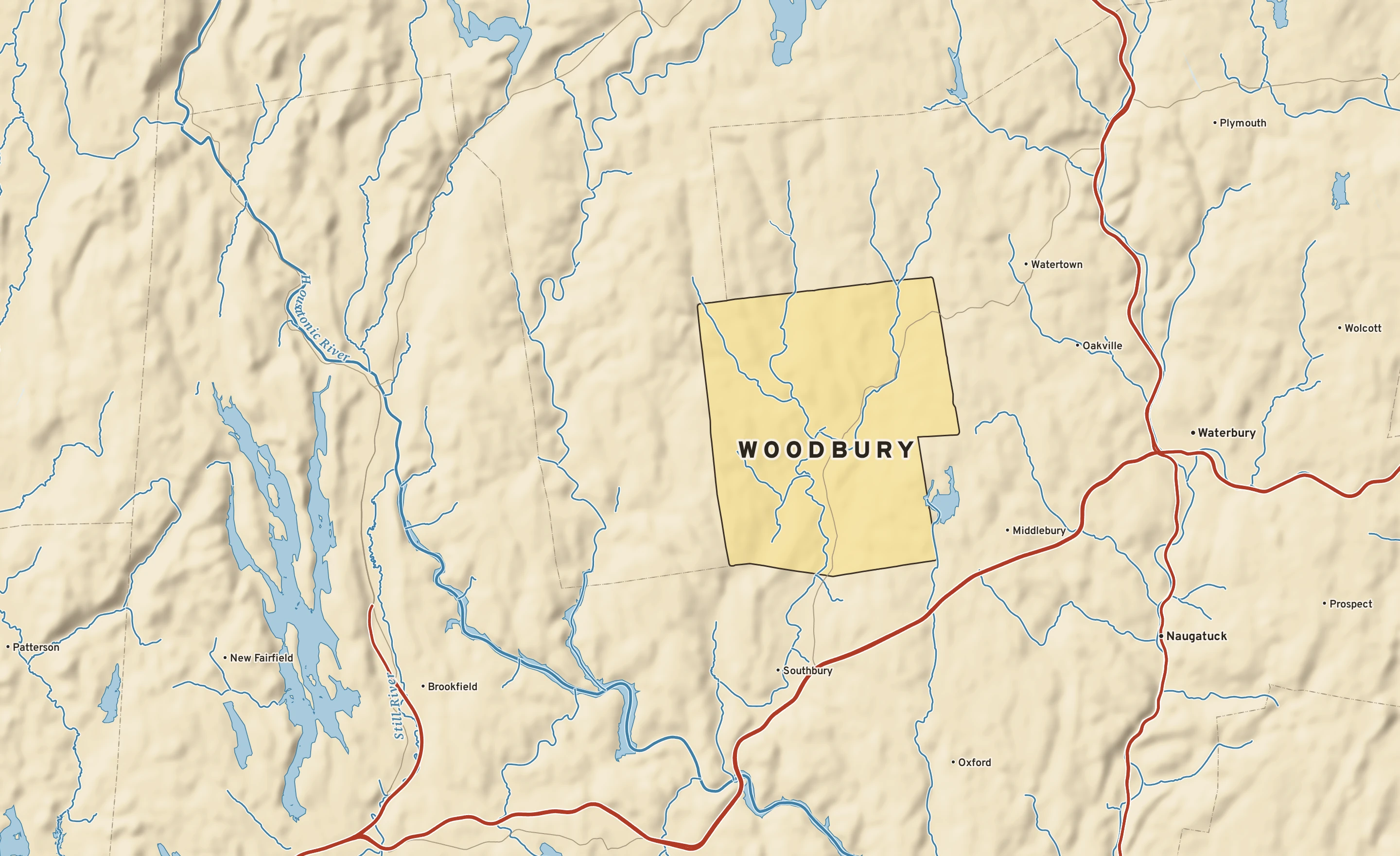 Shaded-relief atlas plate of Woodbury, Connecticut: rivers, roads, the city limits and where the water drains.