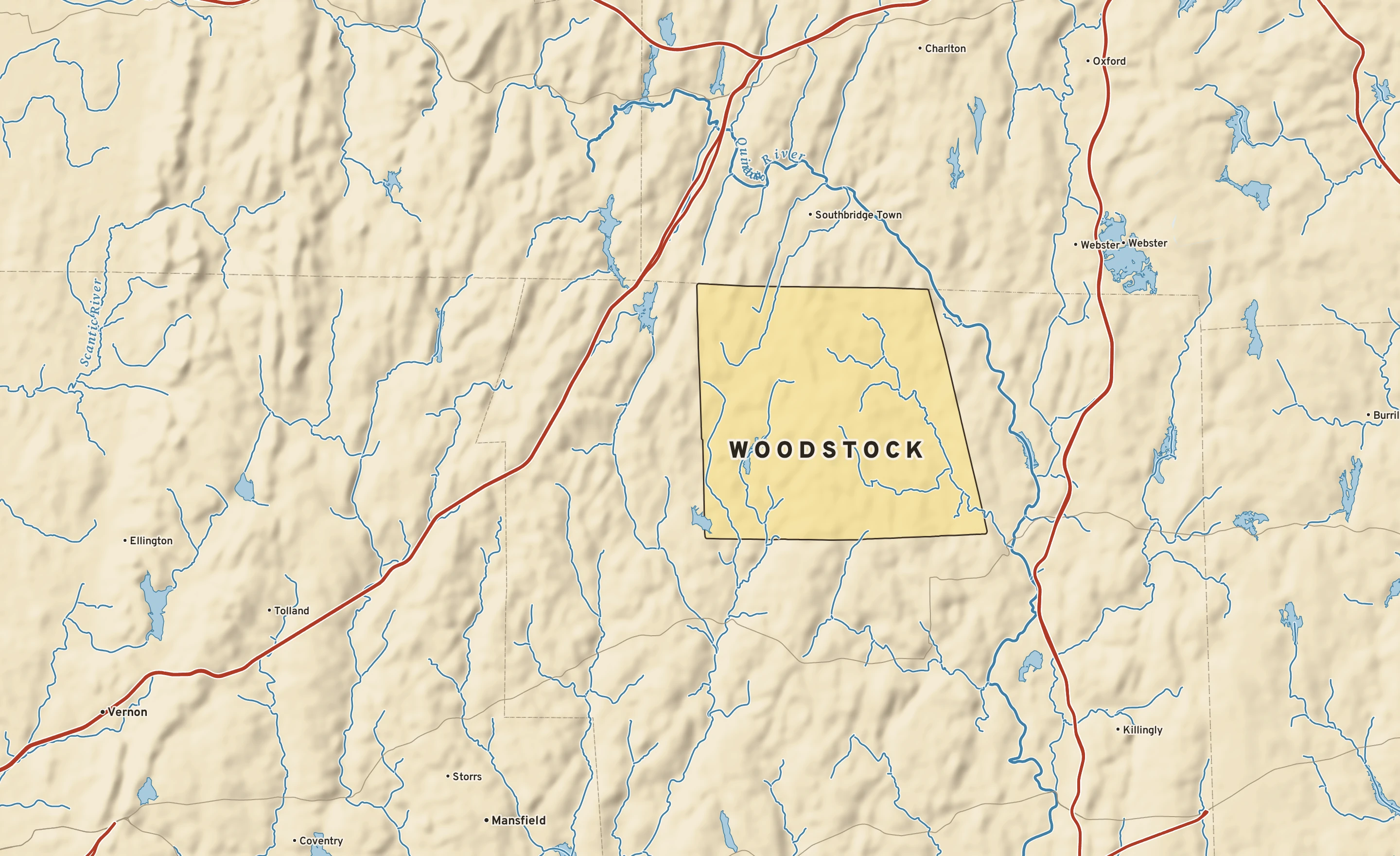 Shaded-relief atlas plate of Woodstock, Connecticut: rivers, roads, the city limits and where the water drains.
