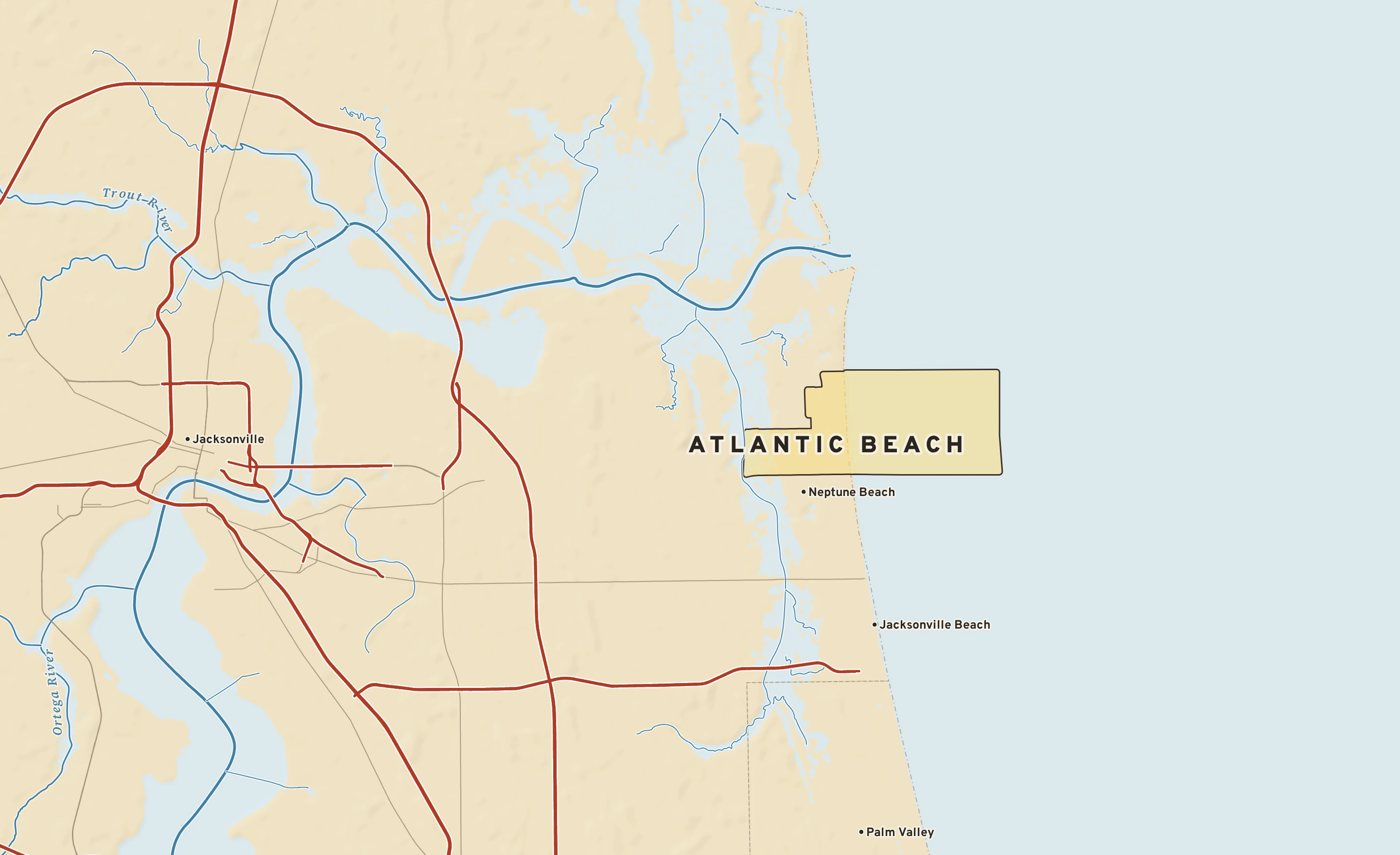 Shaded-relief atlas plate of Atlantic Beach, Florida: rivers, roads, the city limits and where the water drains.