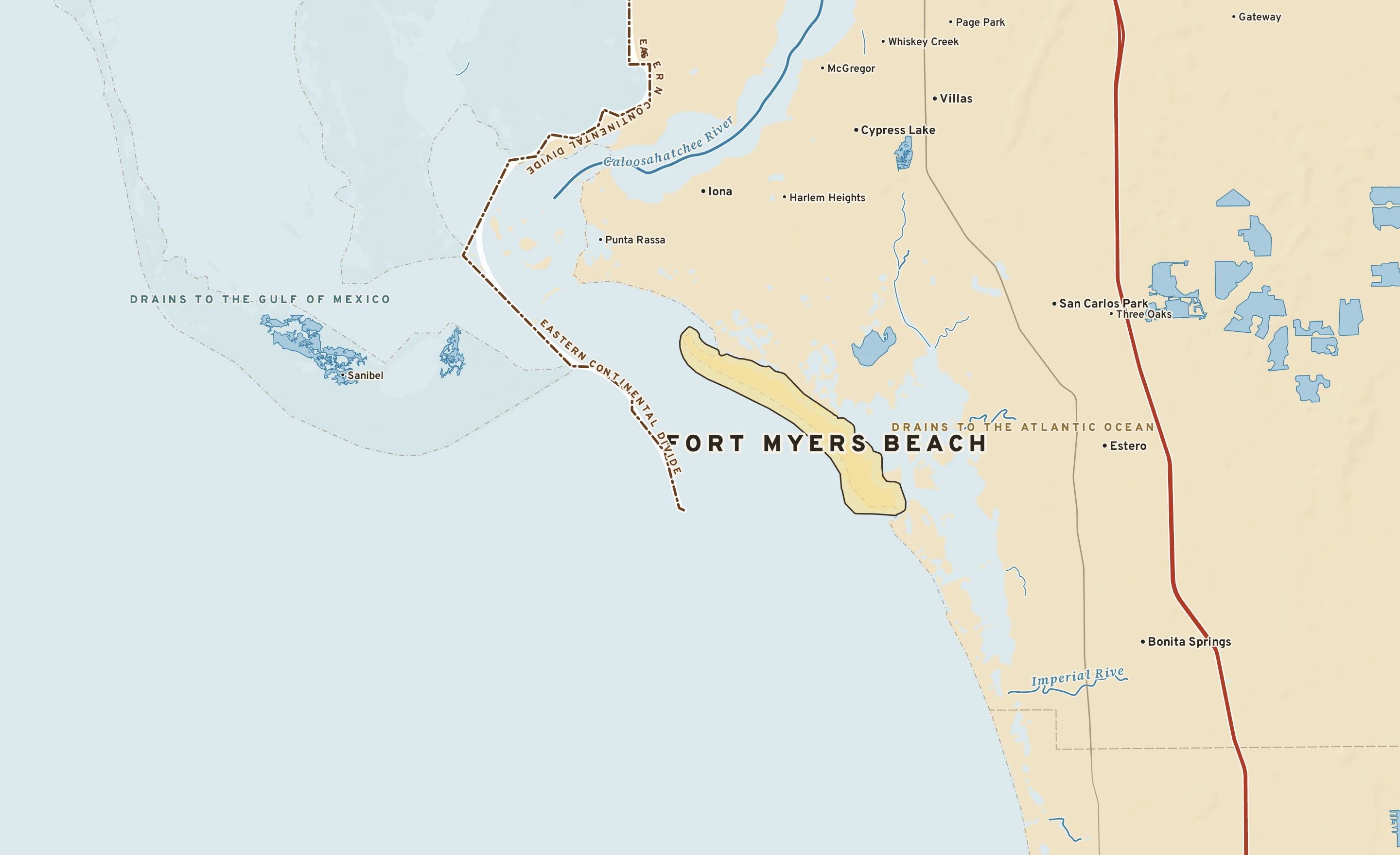 Shaded-relief atlas plate of Fort Myers Beach, Florida: rivers, roads, the city limits and where the water drains.
